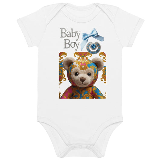 Organic cotton baby bodysuit with teddy bear design, soft and stretchy fabric.