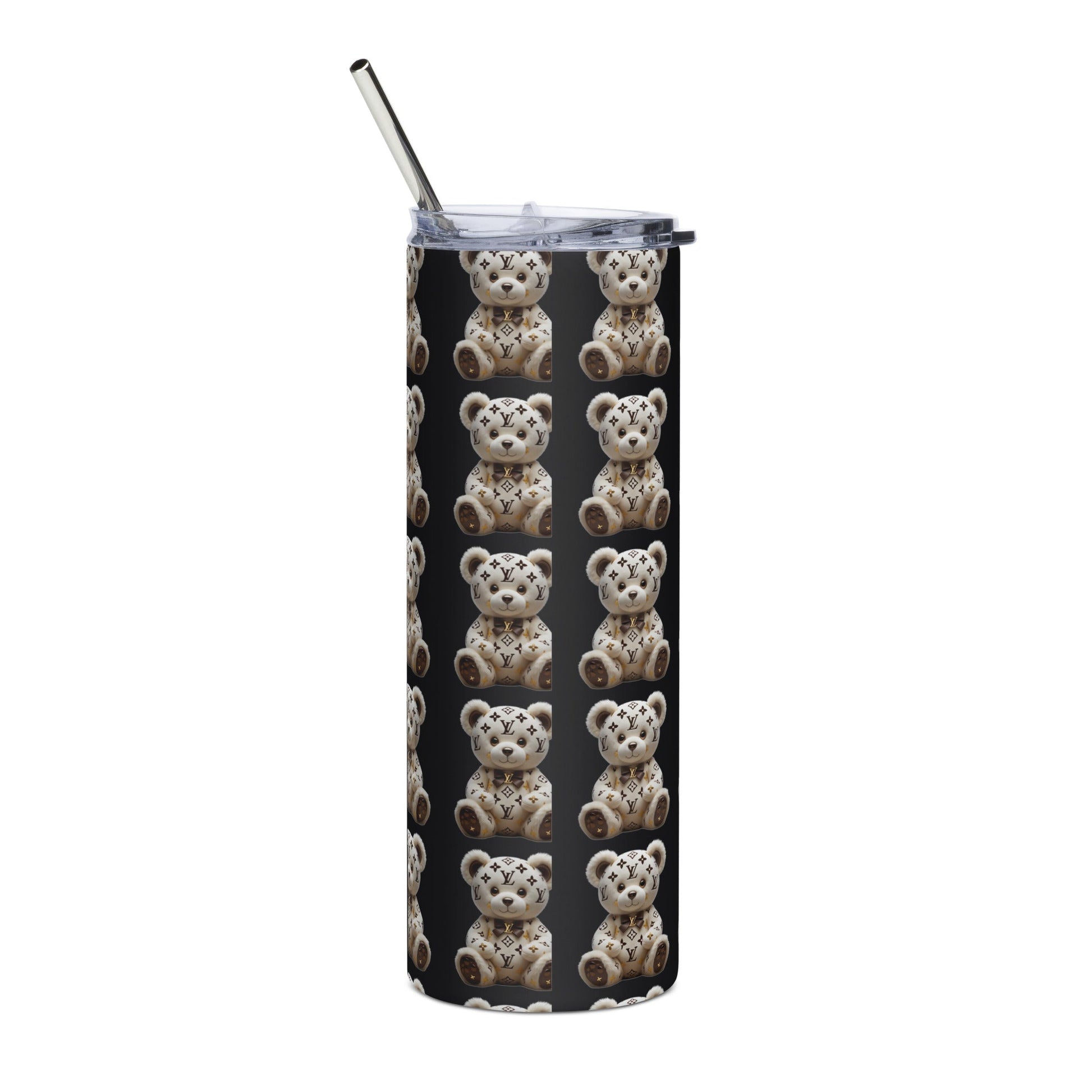 Jw Stainless steel tumbler with teddy bear design, includes metal straw and lid.