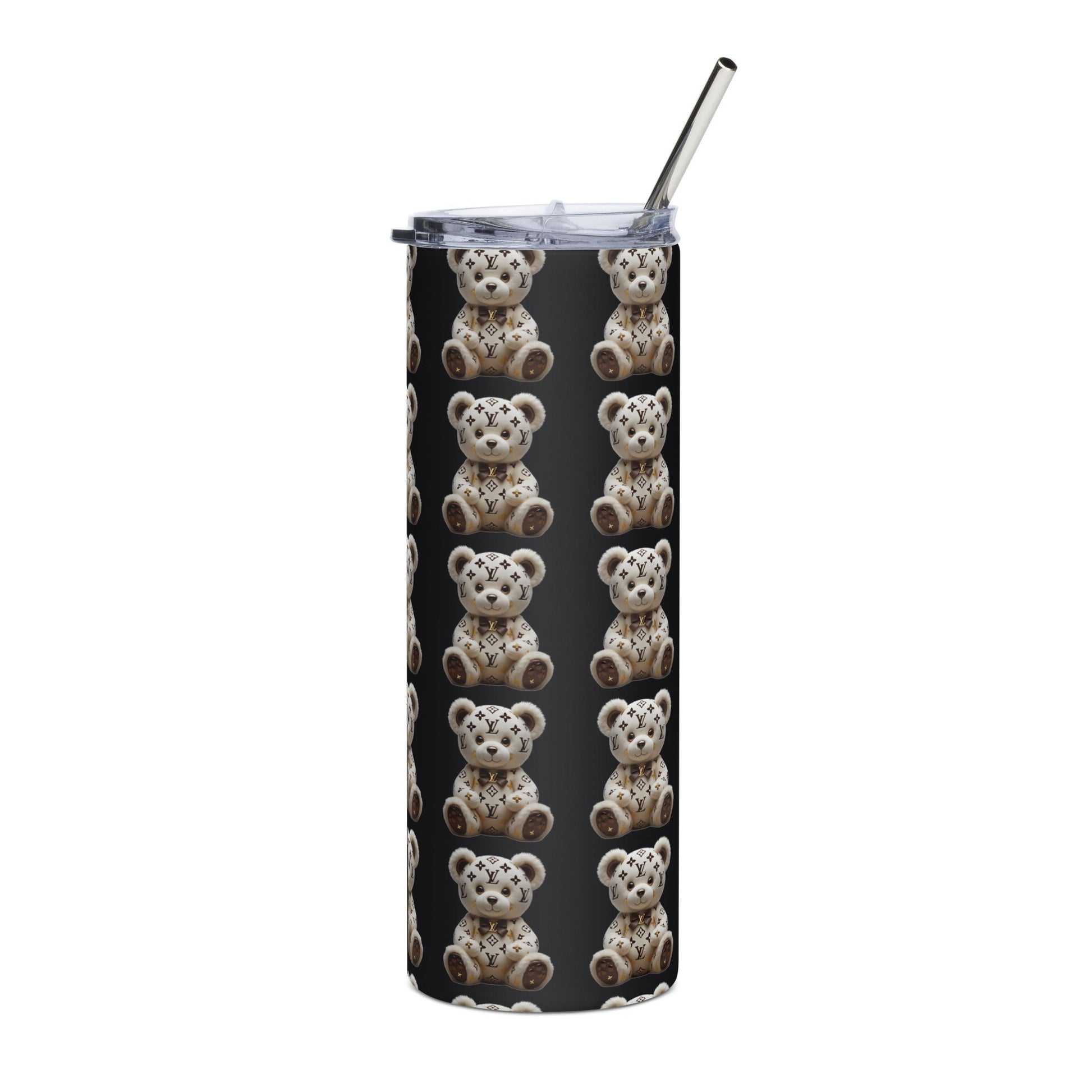 Jw Stainless steel tumbler with metal straw and teddy bear design.