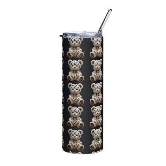 Jw Stainless steel tumbler with metal straw and teddy bear design.