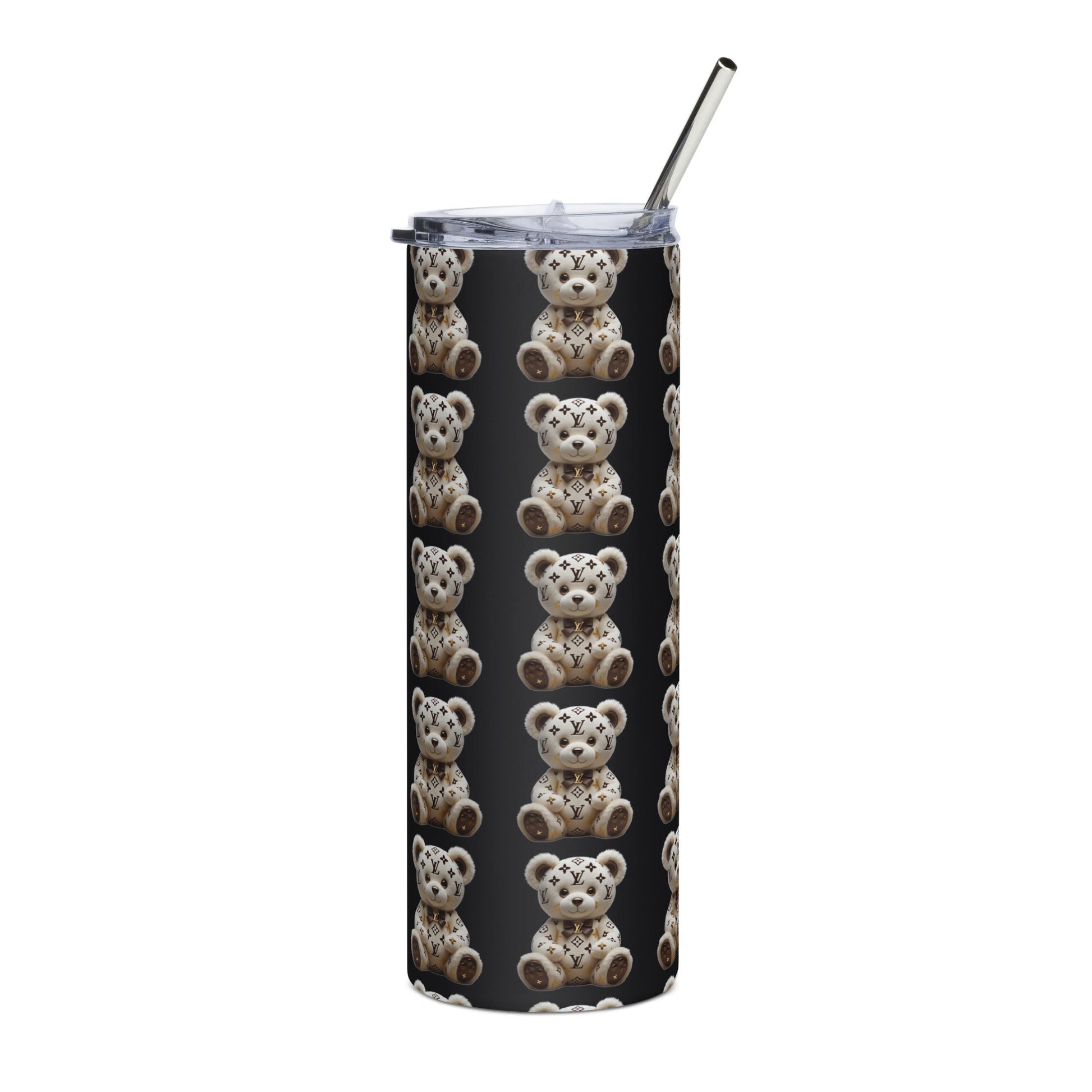Jw Stainless steel tumbler with metal straw, featuring teddy bear pattern, 20 oz capacity.