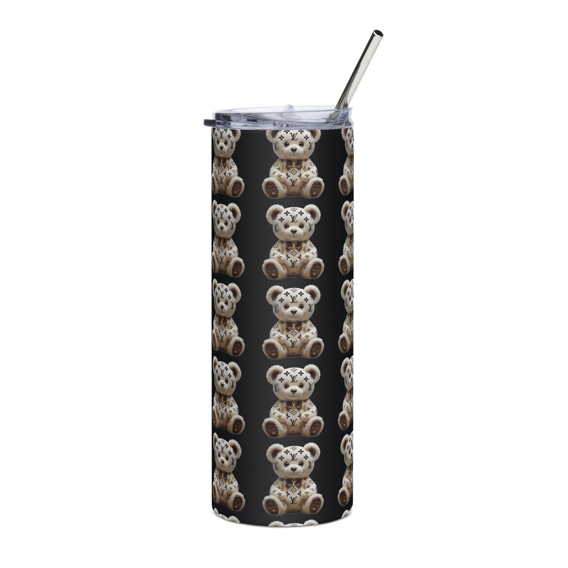 Jw Stainless steel tumbler with metal straw and teddy bear pattern design.