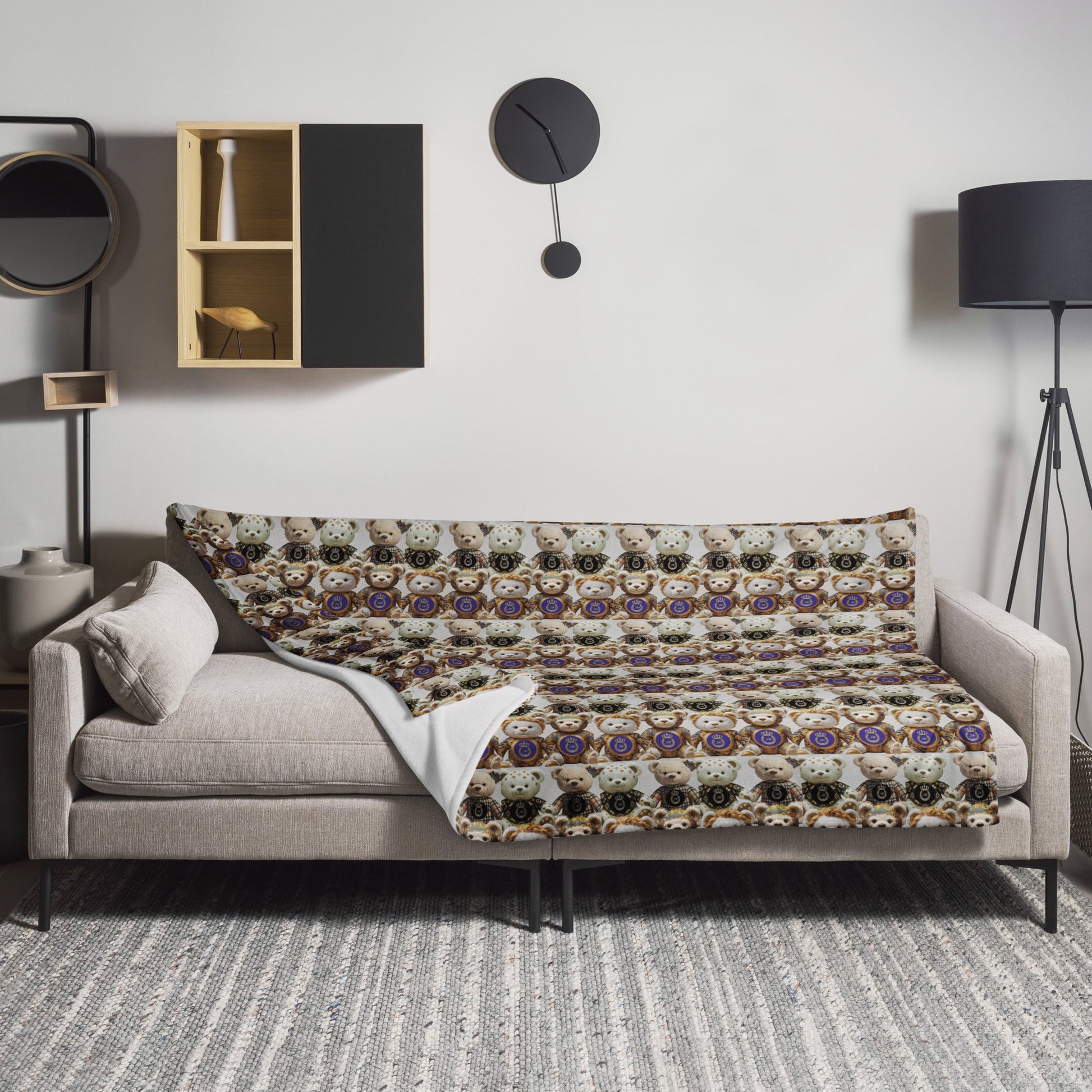 Jw Bear Throw Blanket on a couch in a modern living room.