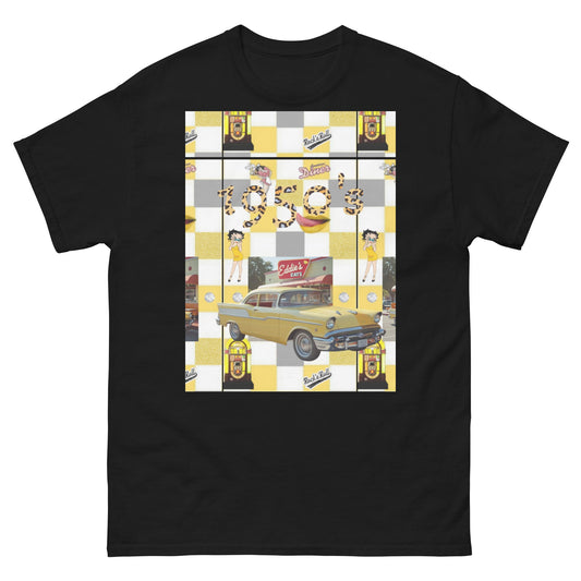1950's Unisex classic tee, black with retro car and diner graphic, 100% cotton.