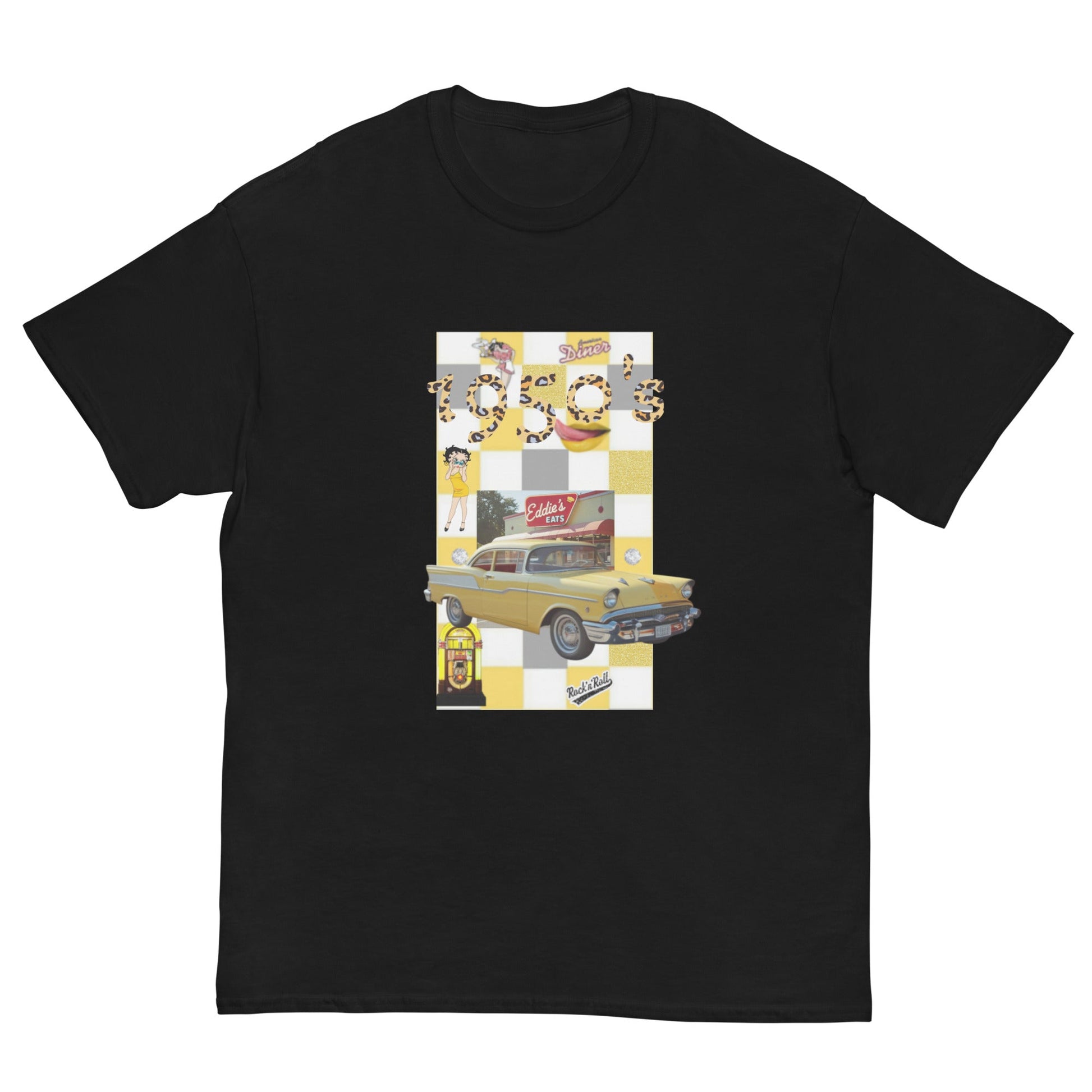 1950's by JW unisex classic tee with vintage car print on black background.
