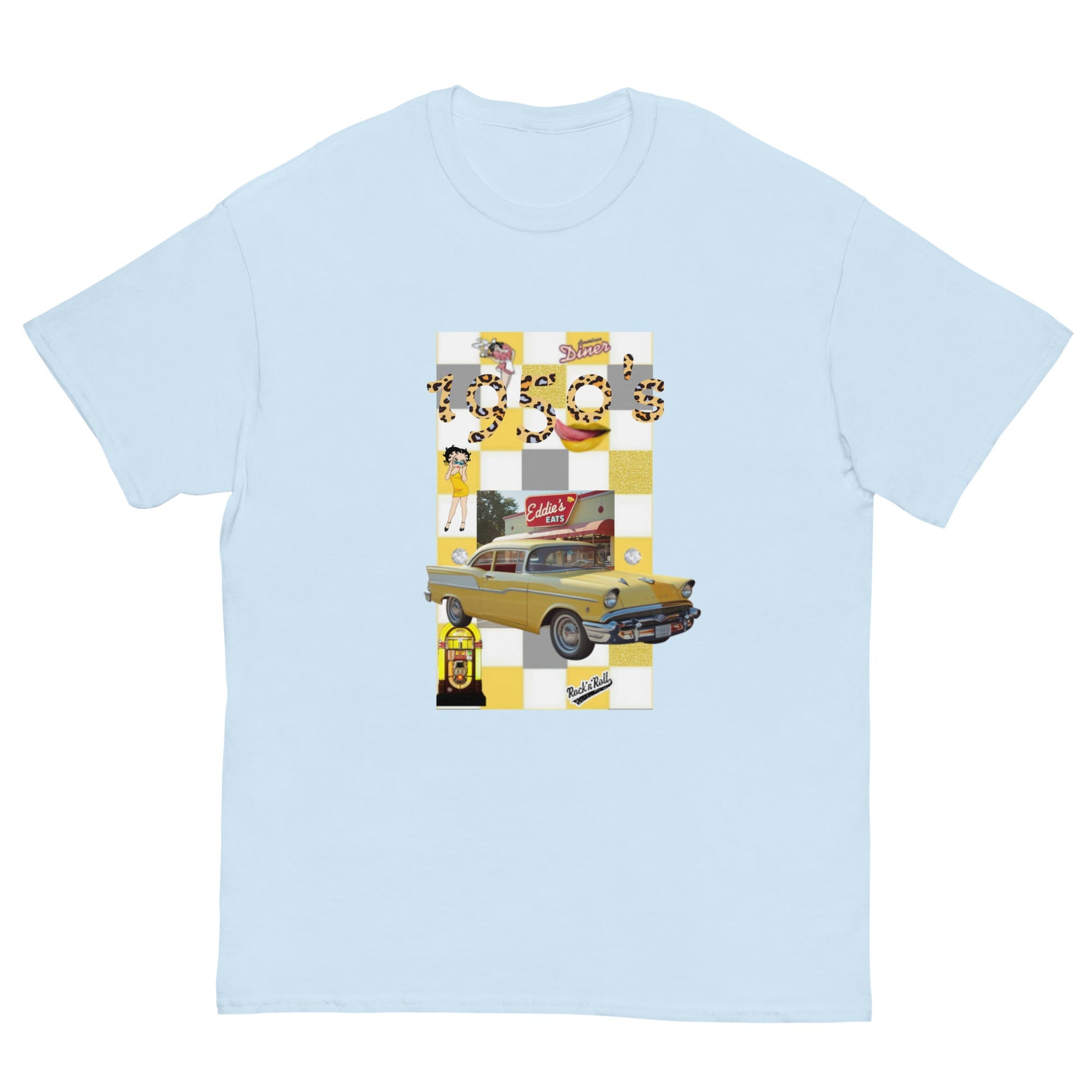 1950'S BY JW unisex classic tee with vintage car print on light blue background.