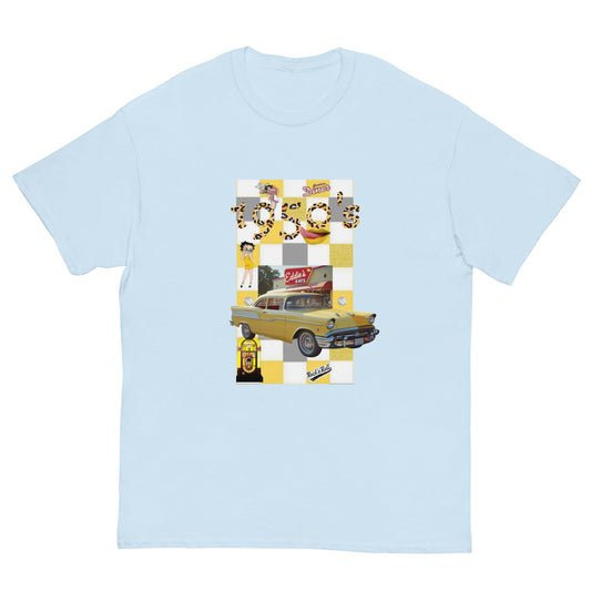 1950'S BY JW unisex classic tee with vintage car print on light blue background.