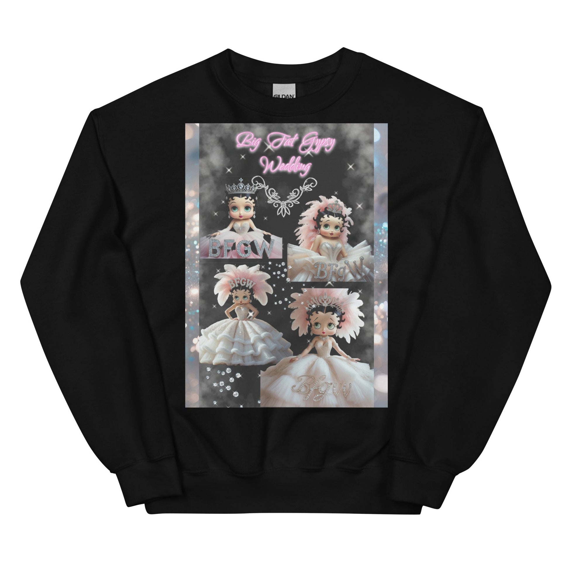 Unisex sweatshirt with doll graphic print, made from 50% cotton and 50% polyester for warmth and comfort.