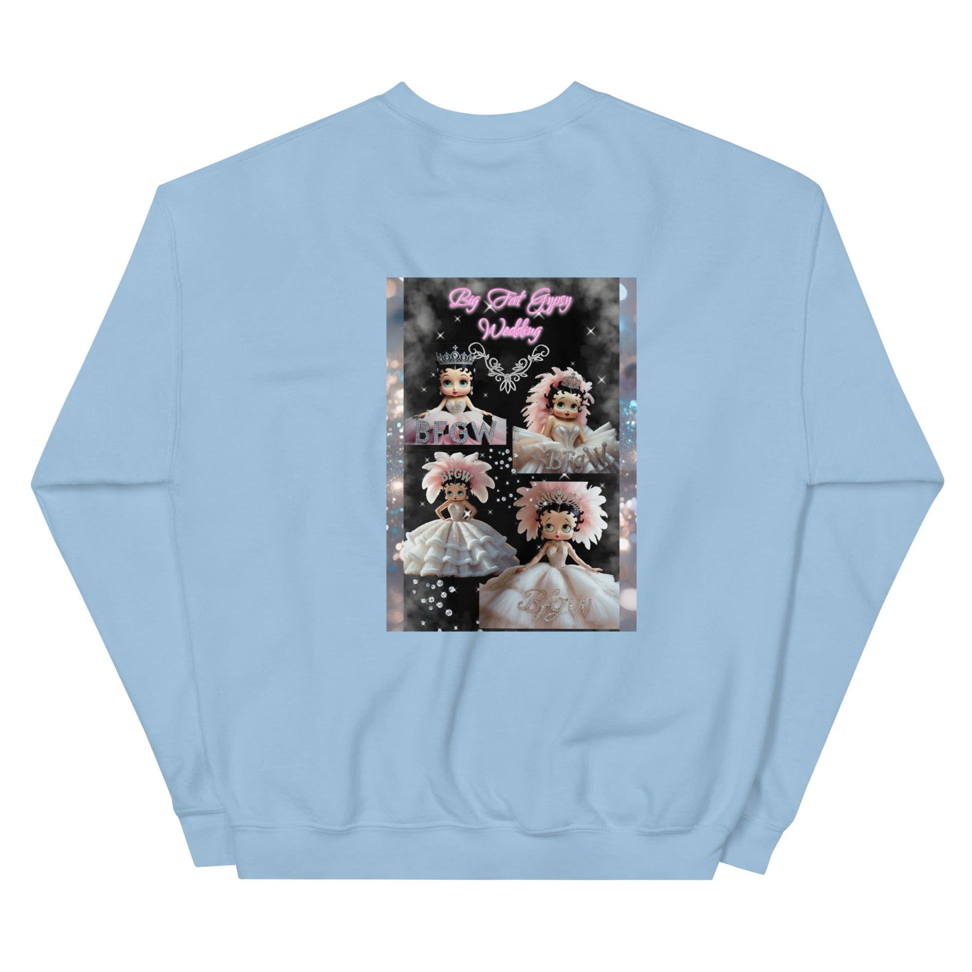Unisex sweatshirt with pastel blue color and whimsical graphic design featuring stylized characters.