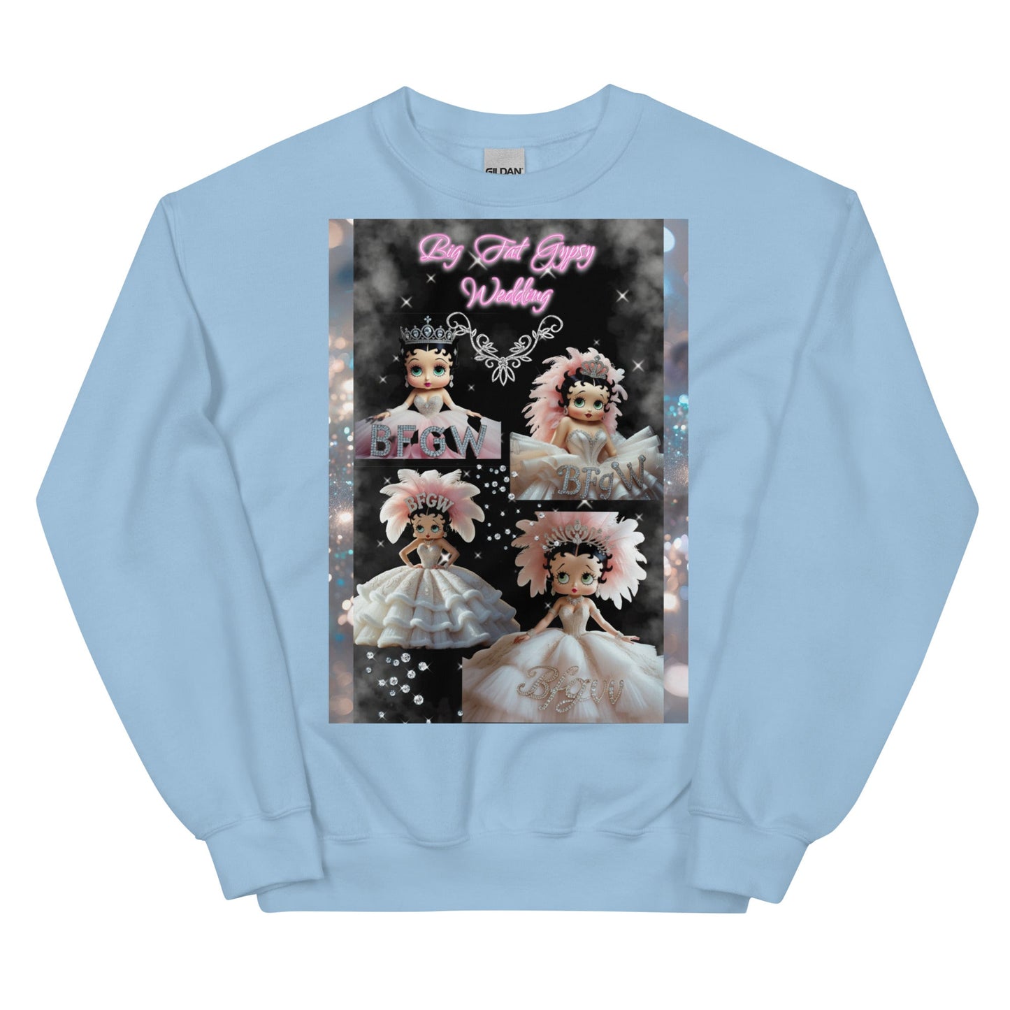 Light blue unisex sweatshirt with doll design, featuring sturdy, warm material and a soft feel.