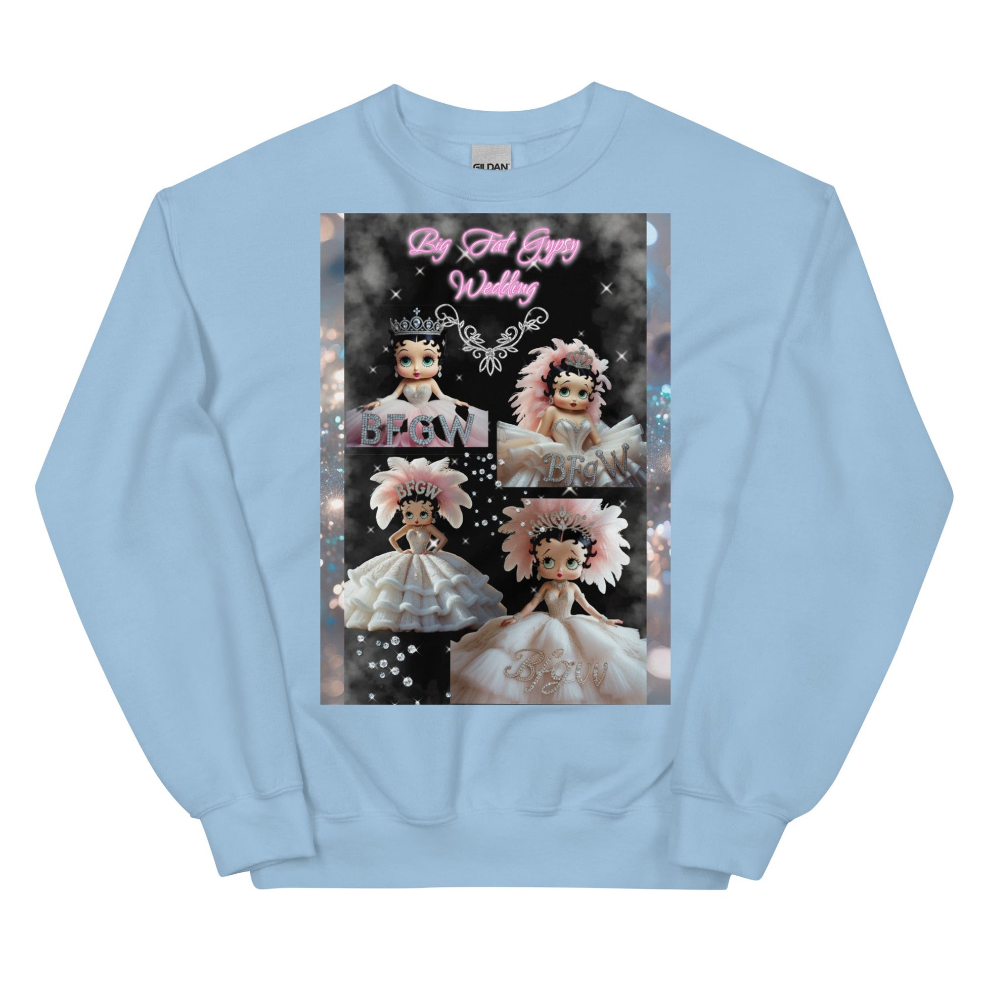 Light blue unisex sweatshirt with doll design, featuring sturdy, warm material and a soft feel.