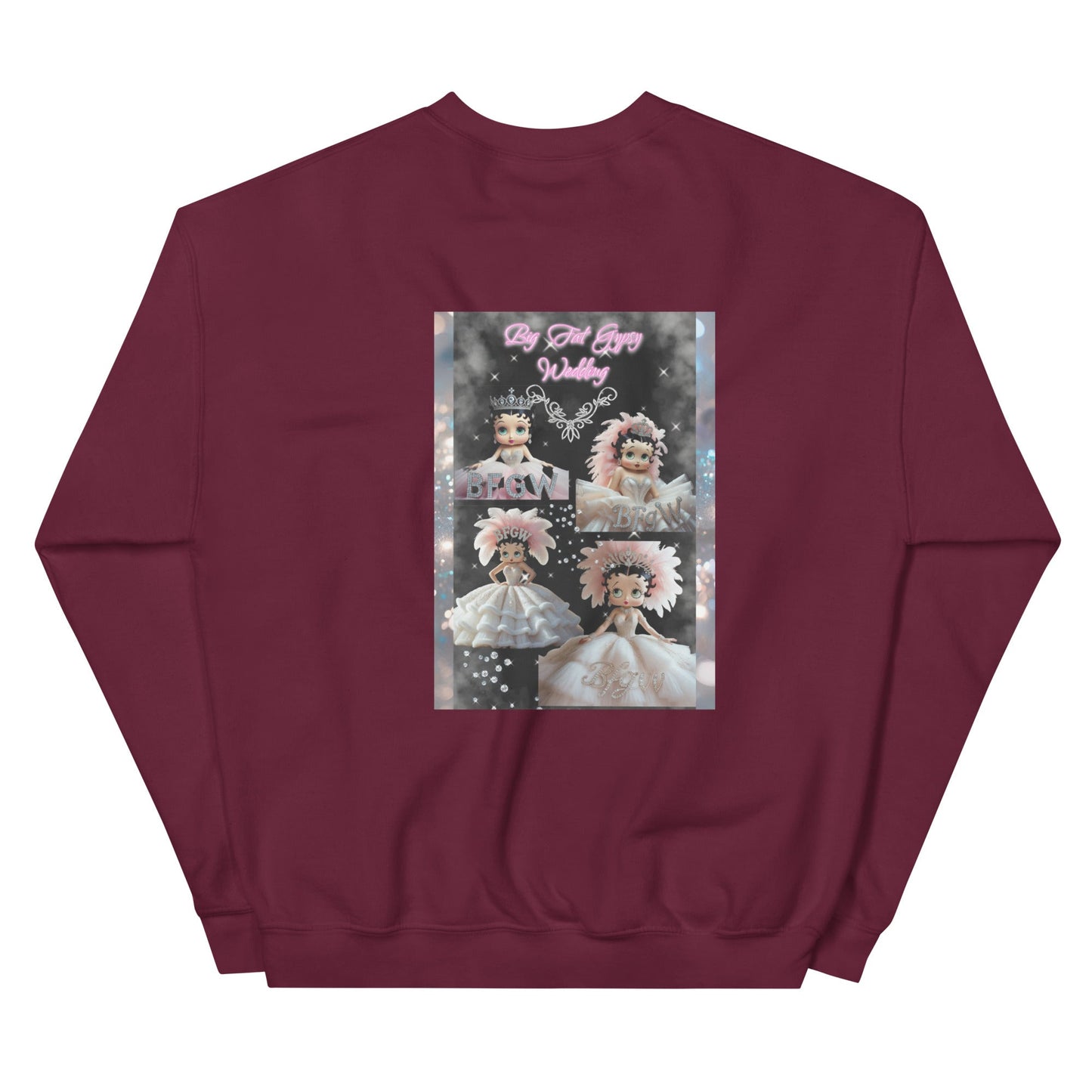 Unisex sweatshirt with unique graphic design, maroon, warm and soft.