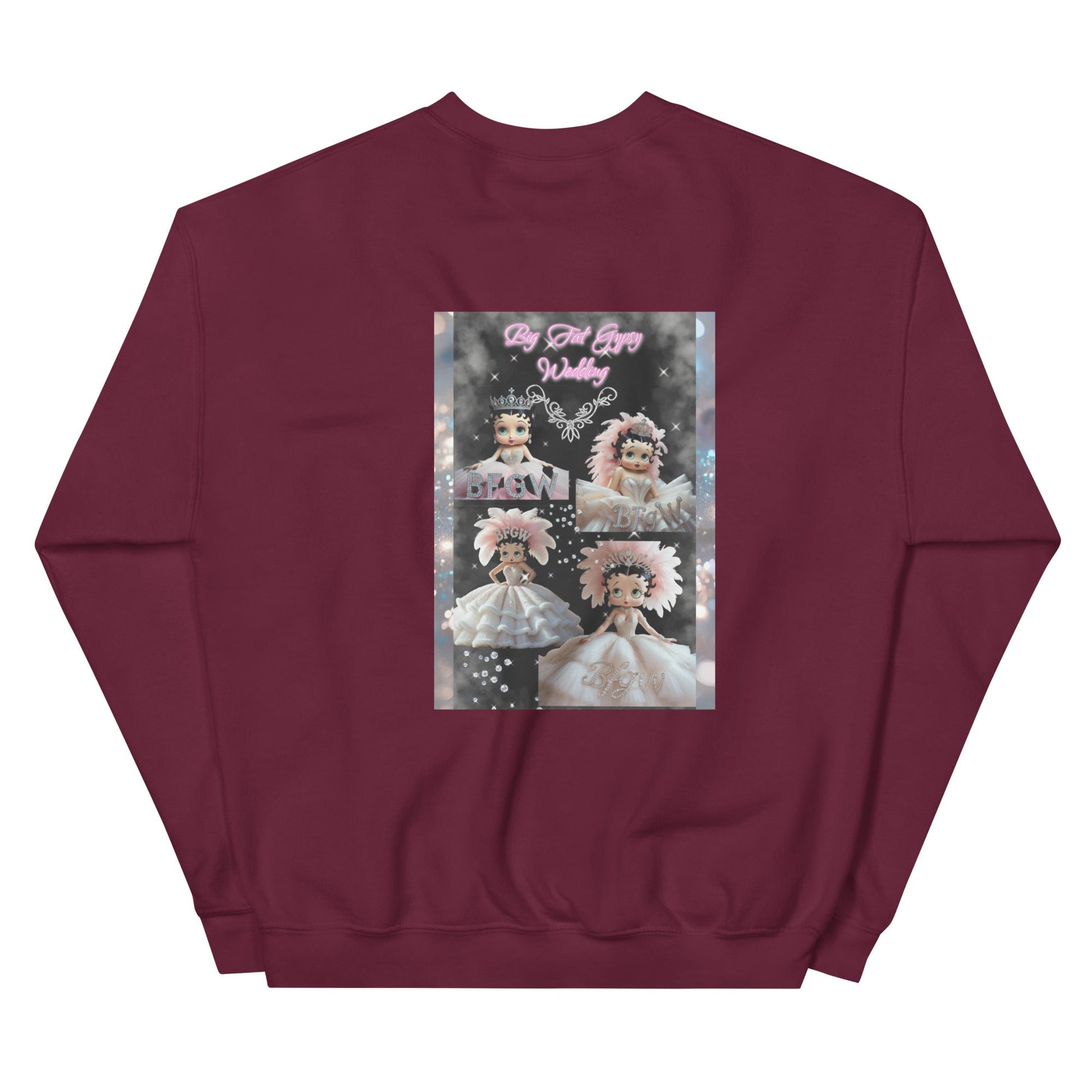 Unisex sweatshirt with unique graphic design, maroon, warm and soft.