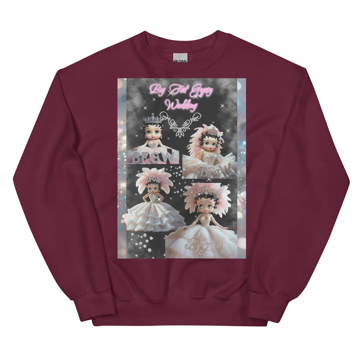 Unisex sweatshirt with whimsical doll design on a maroon background.