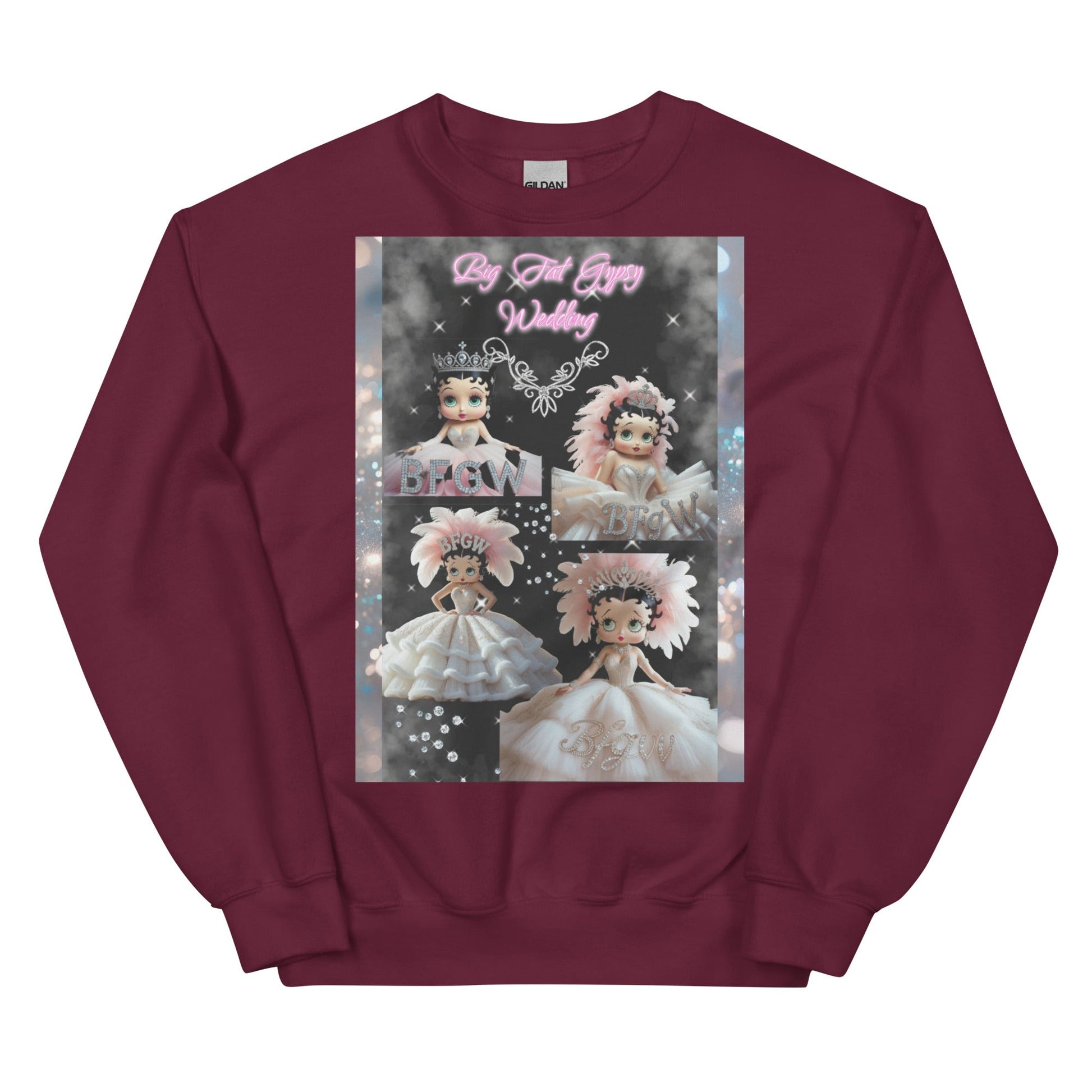 Unisex sweatshirt with whimsical doll design on a maroon background.