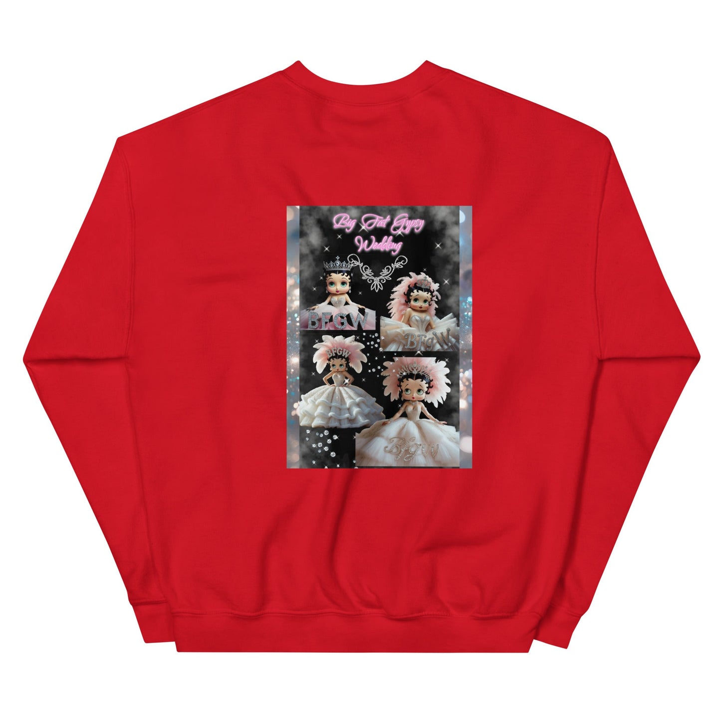 Red unisex sweatshirt featuring a unique graphic design on the back.