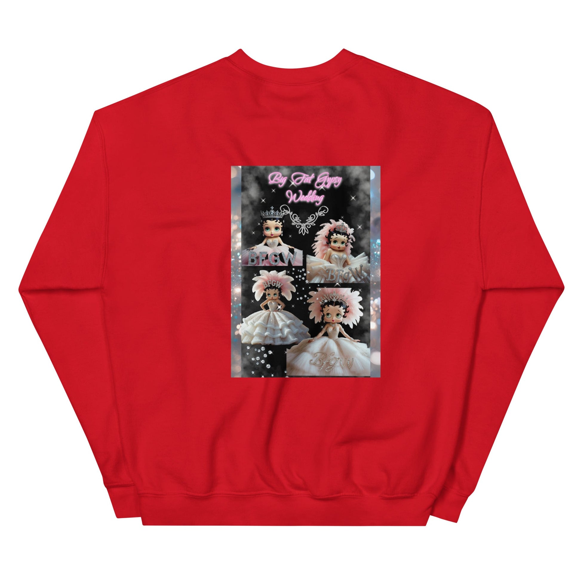 Red unisex sweatshirt featuring a unique graphic design on the back.
