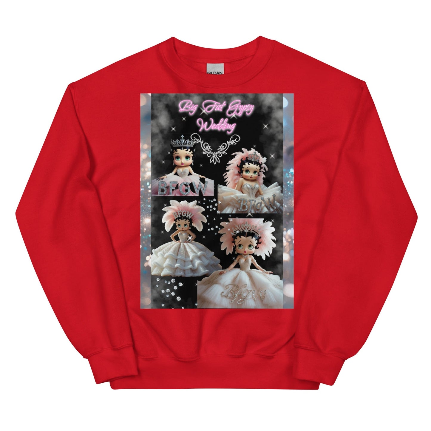 Red unisex sweatshirt with doll graphic design, classic fit, warm and soft.