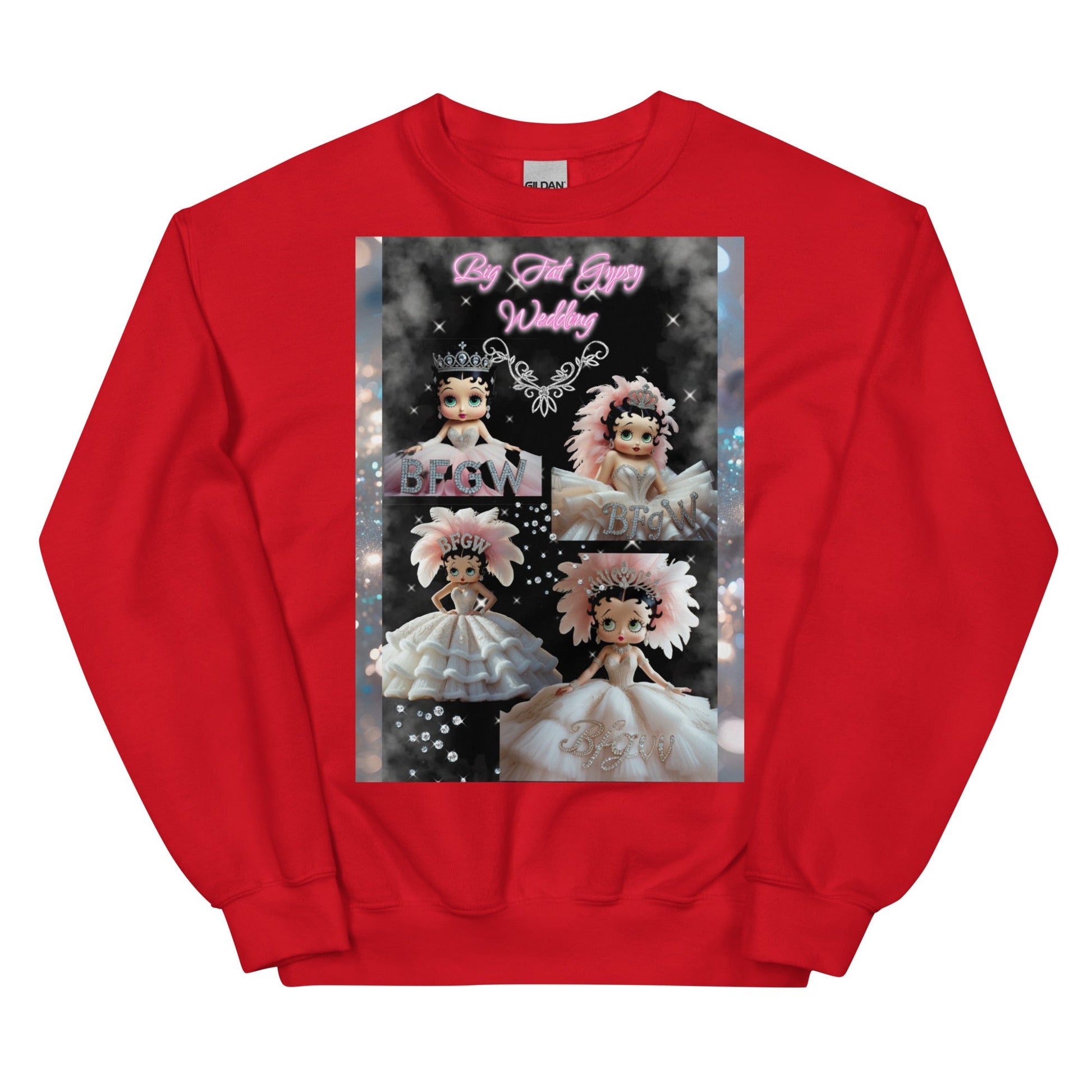 Red unisex sweatshirt with doll graphic design, classic fit, warm and soft.