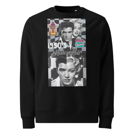 1950s by JW Unisex eco sweatshirt with vintage rock 'n' roll design, made of 100% organic cotton.