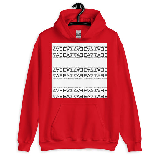 Red unisex hoodie with front pouch pocket and drawstring hood.