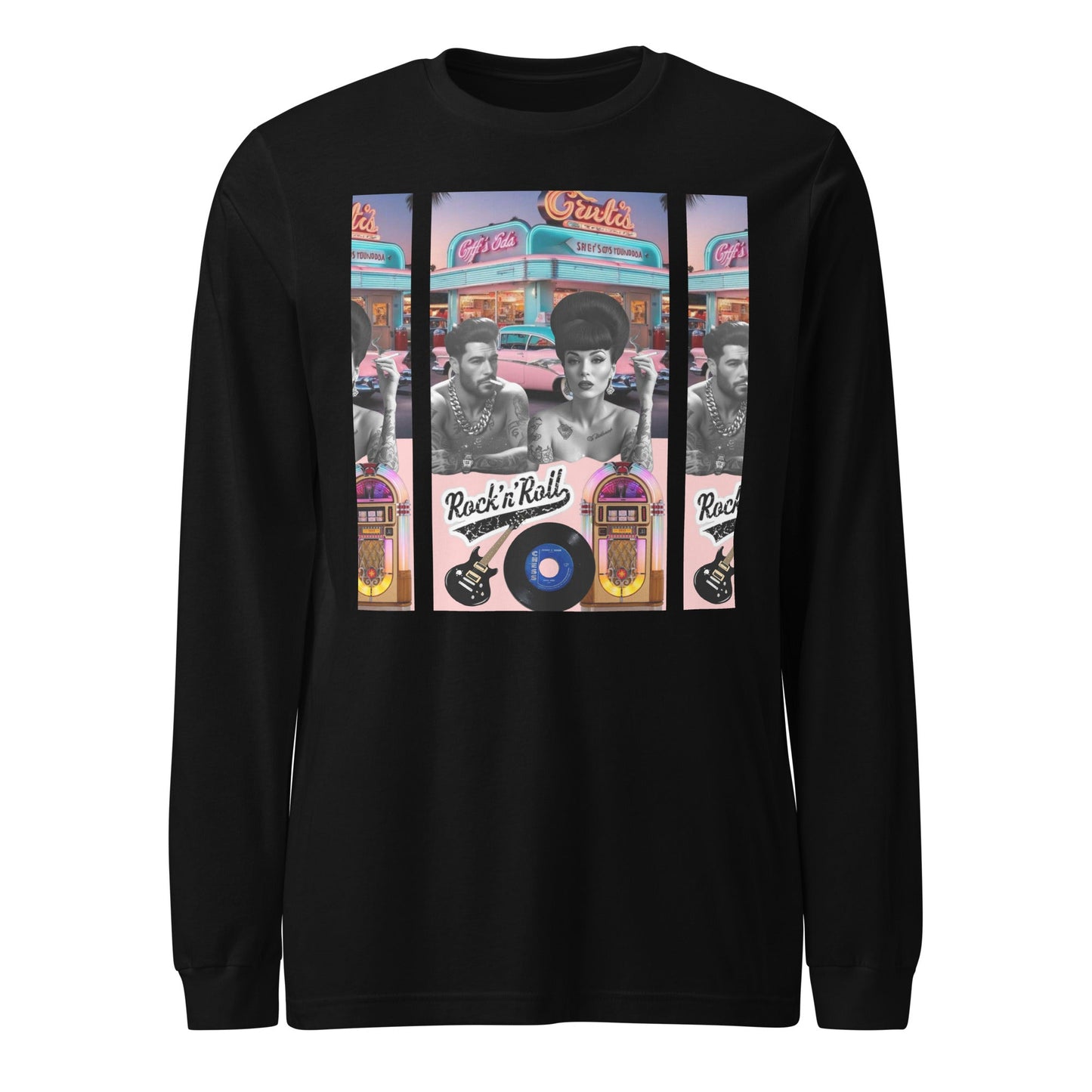 Retro Rock n Roll long sleeve tee in black with vintage graphics.