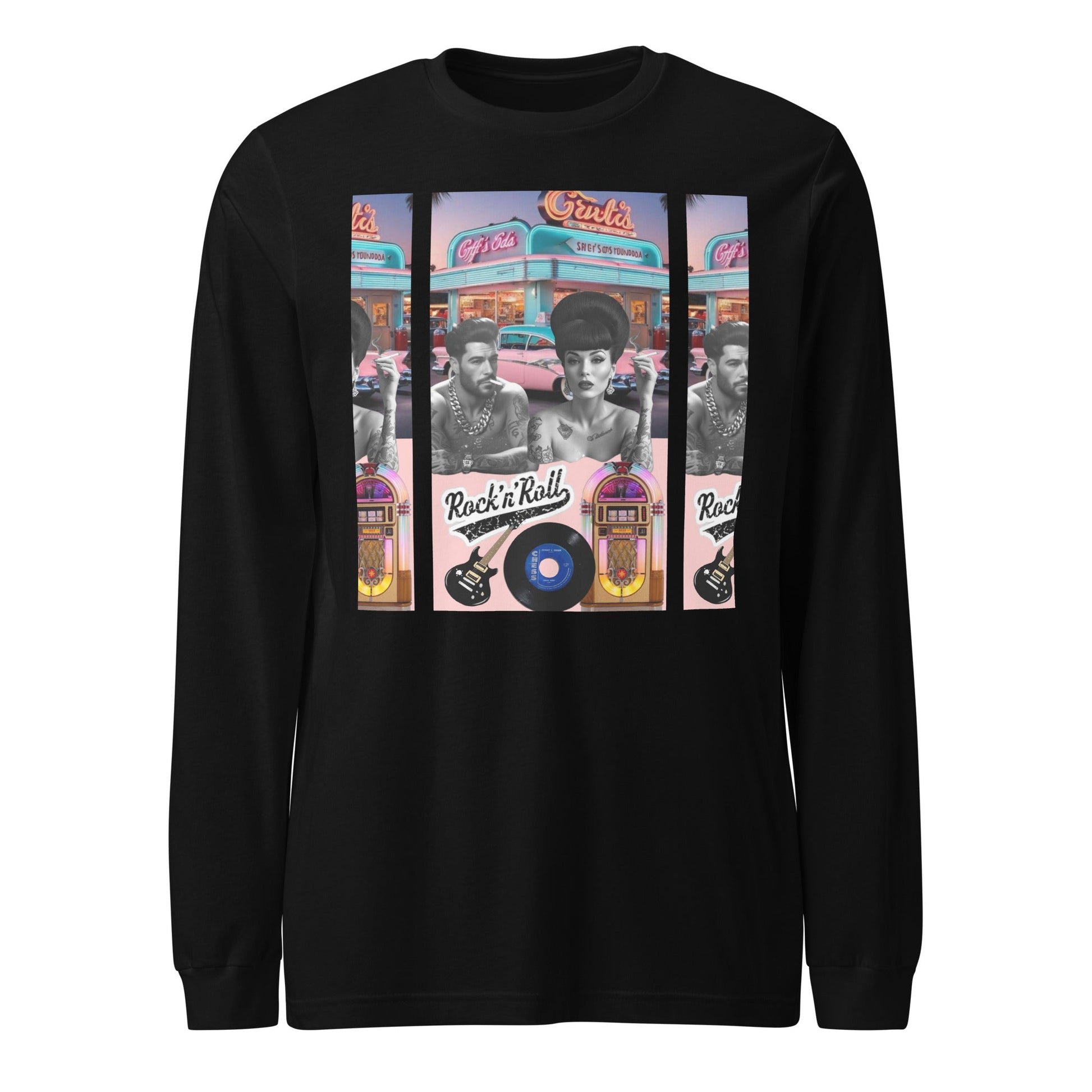 Retro Rock n Roll long sleeve tee in black with vintage graphics.