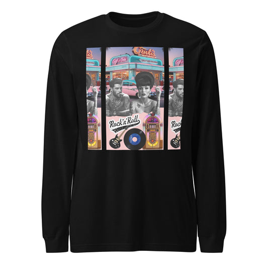 Retro Rock n Roll long sleeve tee in black with vintage graphics.