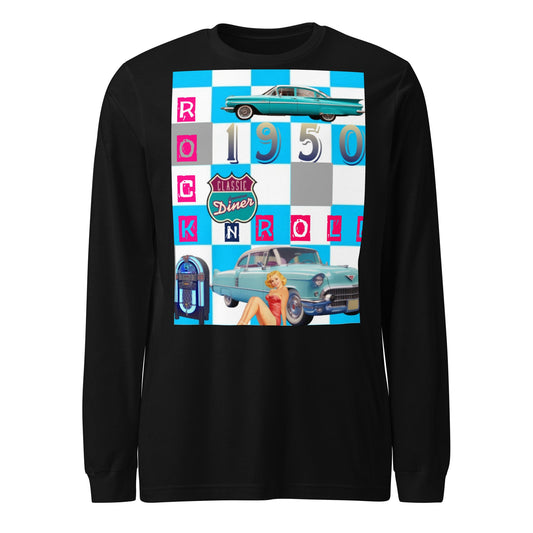 1950's Blue check unisex long sleeve tee with retro car graphic design.