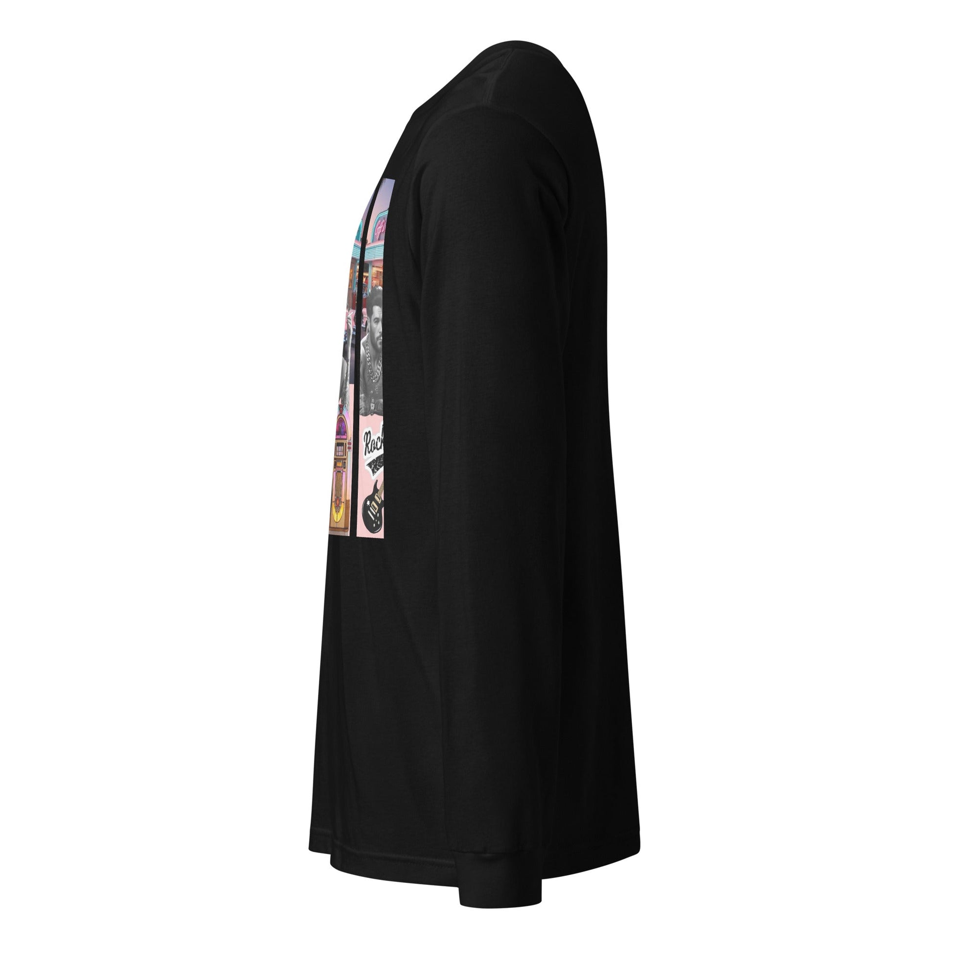 Retro Rock n Roll long sleeve tee, black, crew neck, side view.