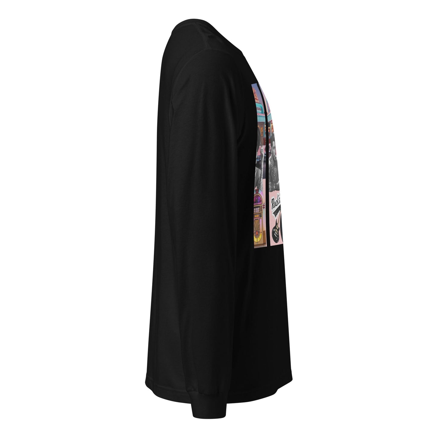 Retro Rock n Roll long sleeve tee by JW, black, side view.
