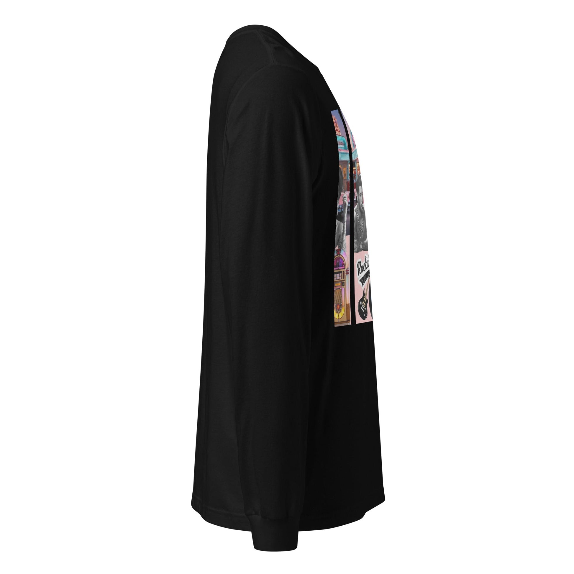 Retro Rock n Roll long sleeve tee by JW, black, side view.