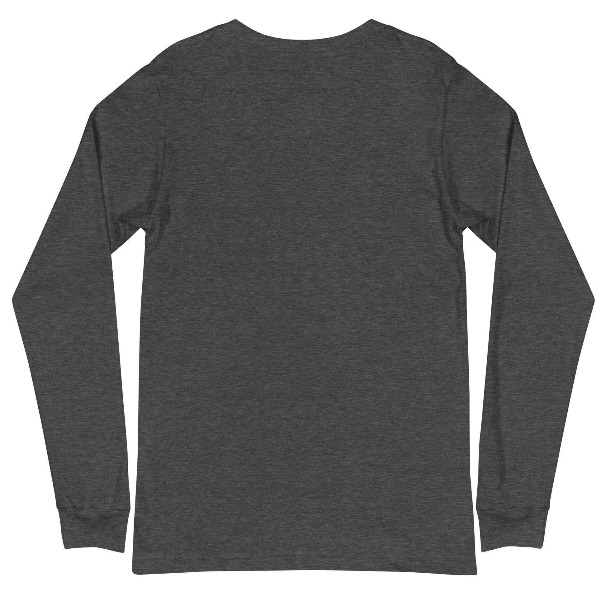 Unisex long sleeve tee in dark heather, showcasing back view, featuring ribbed cuffs and crew neck.
