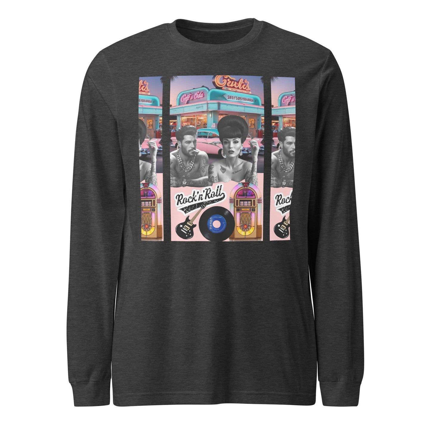 Retro Rock n Roll by JW long sleeve tee with vintage design featuring jukebox and classic car illustrations.