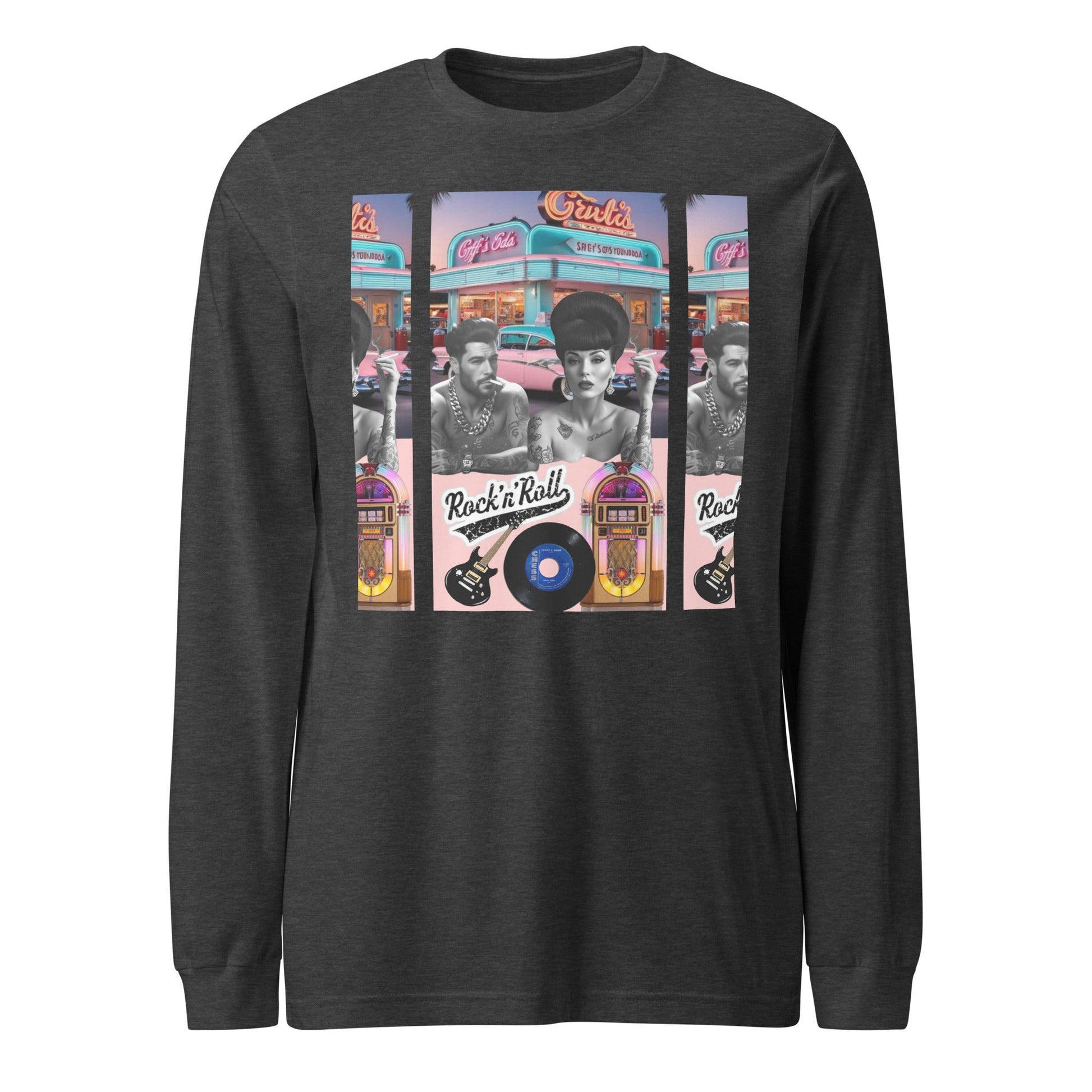 Retro Rock n Roll by JW long sleeve tee with vintage design featuring jukebox and classic car illustrations.
