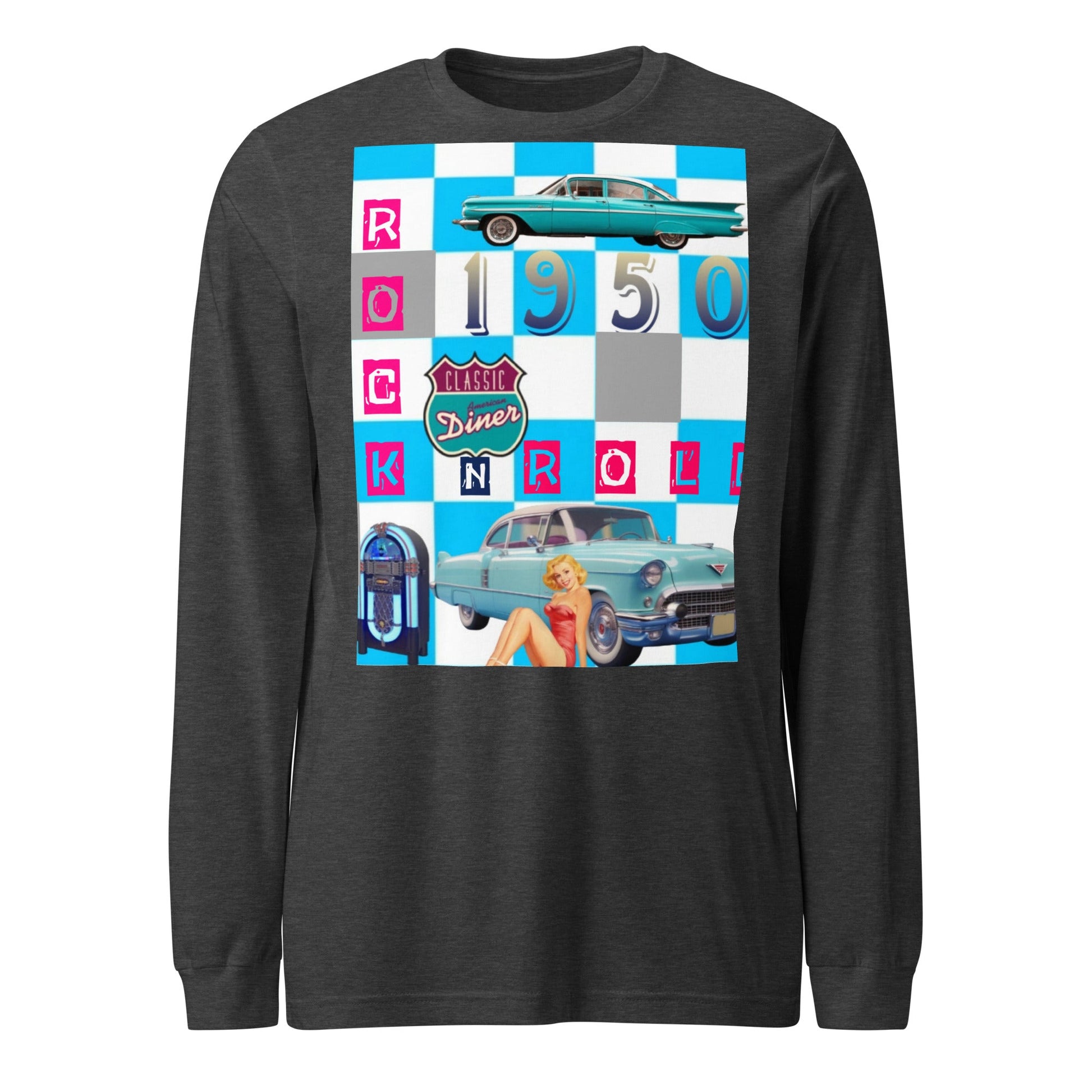 1950's Blue check Unisex Long Sleeve Tee with retro car and diner graphic.