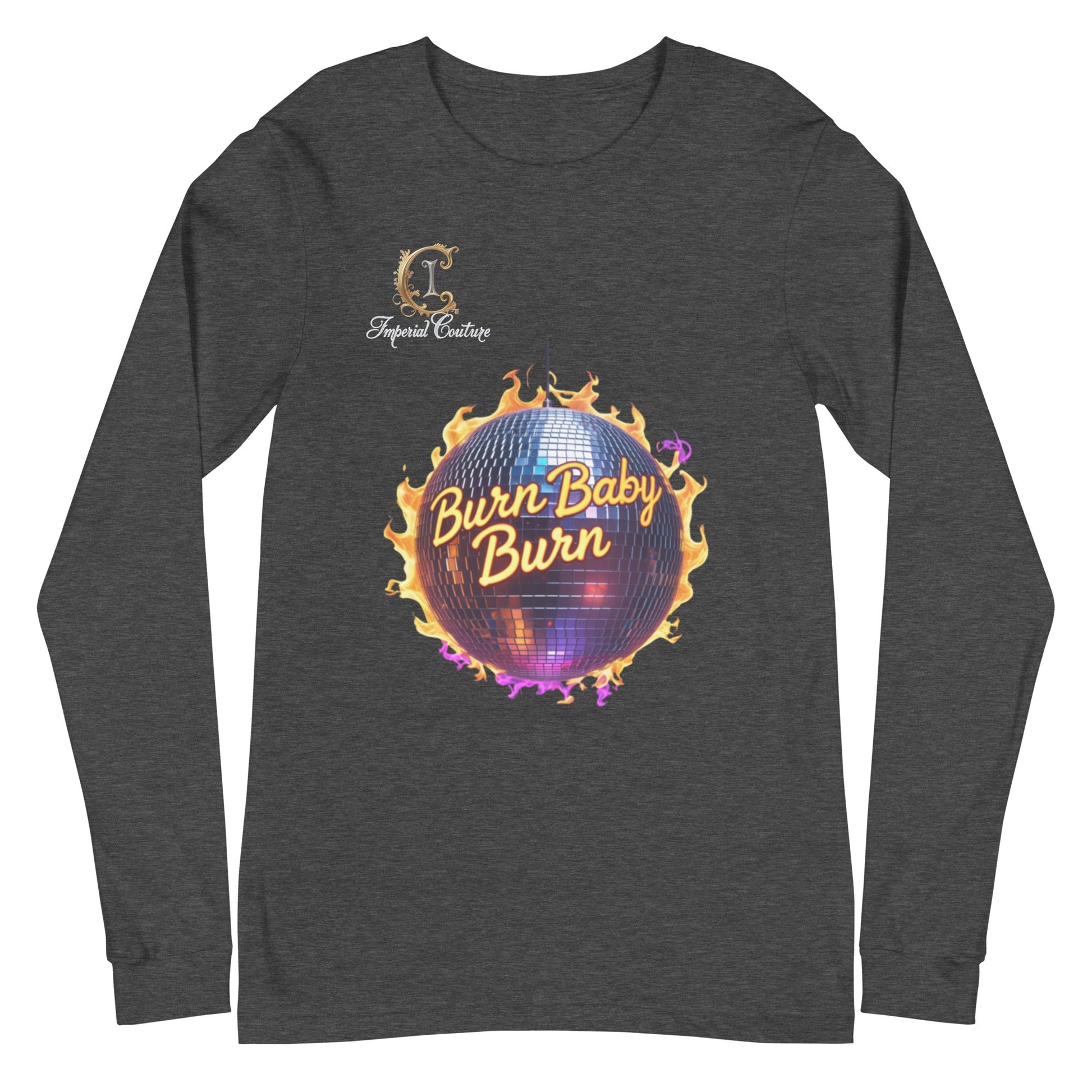 Imperial Couture Burn unisex long sleeve tee with flaming disco ball design on dark fabric.