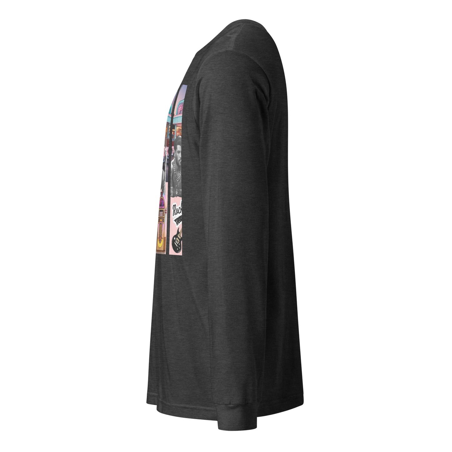 Retro Rock n Roll long sleeve tee in black, featuring vibrant graphic, 100% cotton.