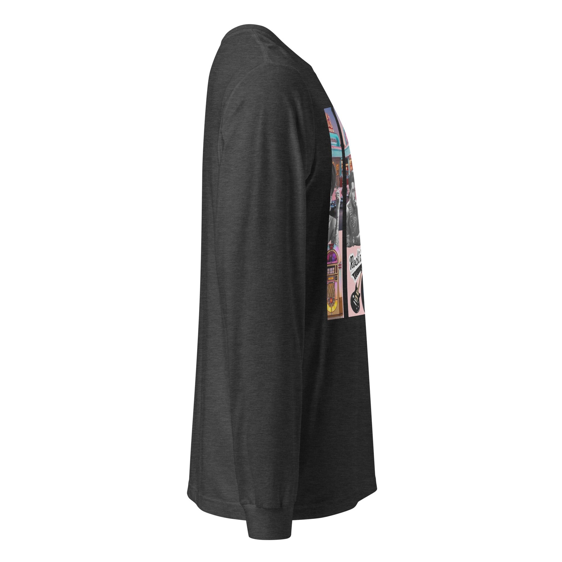 Retro Rock n Roll long sleeve tee in charcoal, showcasing a side view with a vibrant graphic design.