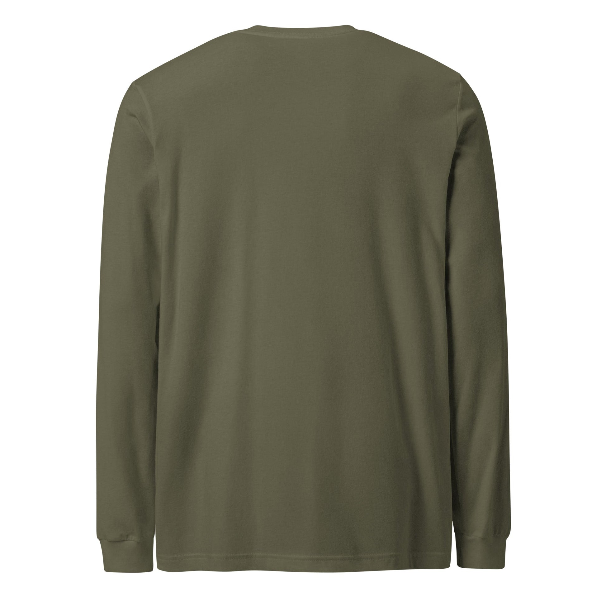 Retro Rock n Roll long sleeve tee in olive green, regular fit, crew neck, 100% cotton.