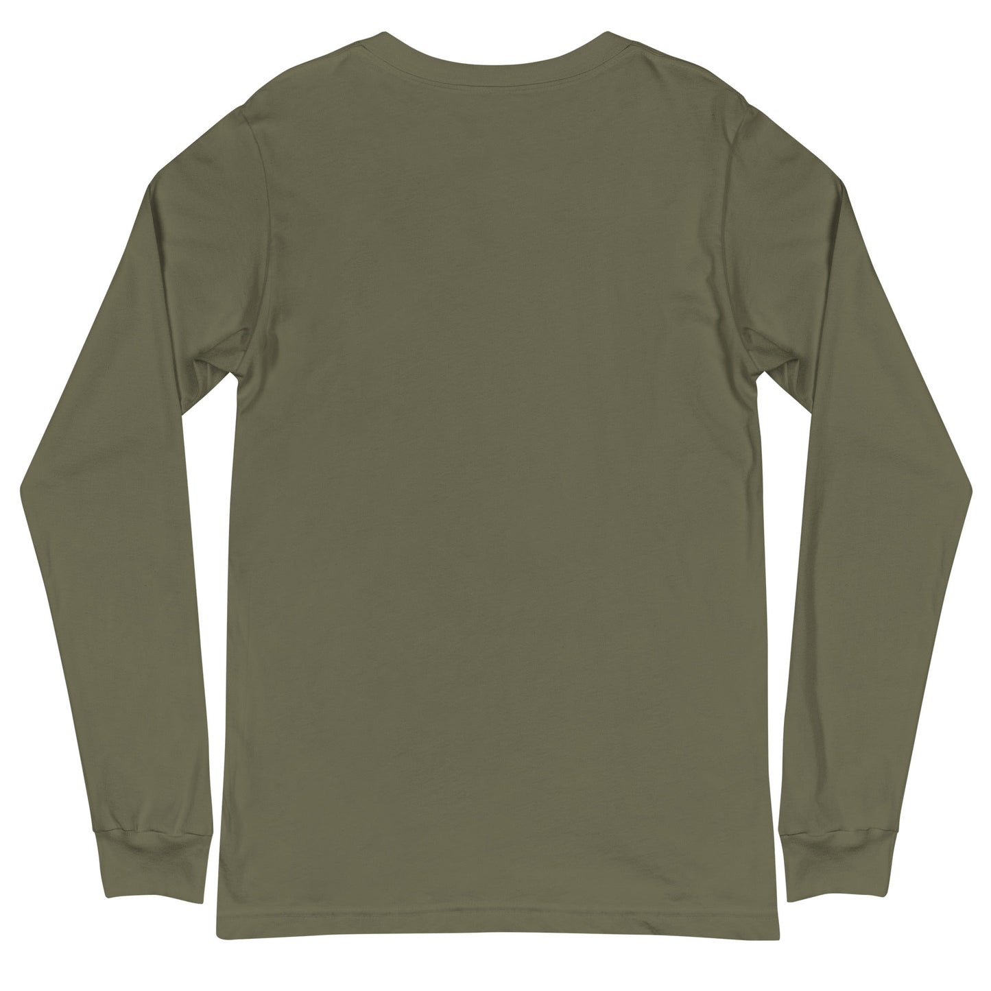 Unisex olive long sleeve tee with crew neck and ribbed cuffs; Imperial Couture Burn design.