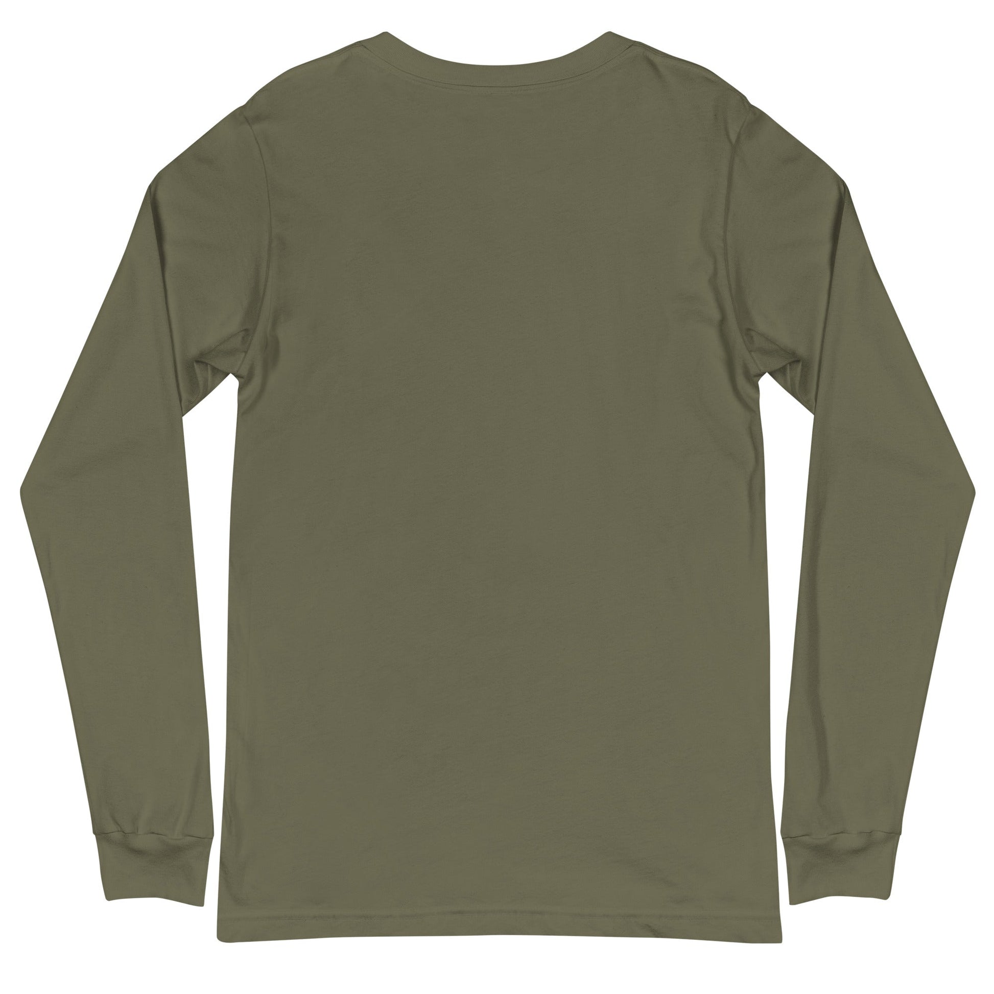 Unisex olive long sleeve tee with crew neck and ribbed cuffs; Imperial Couture Burn design.