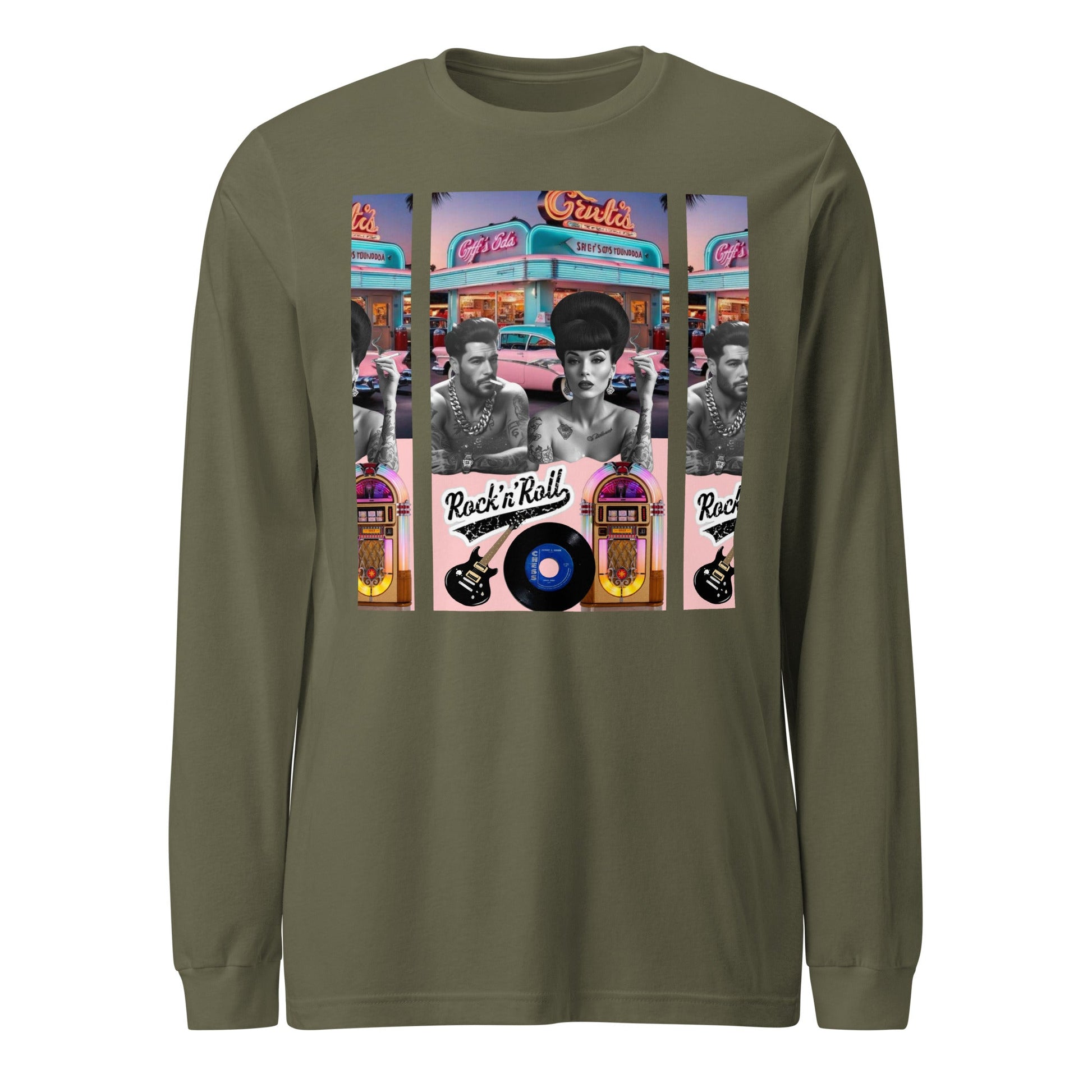 Retro Rock n Roll long sleeve tee with vibrant graphic design featuring classic rock elements and a vintage aesthetic.