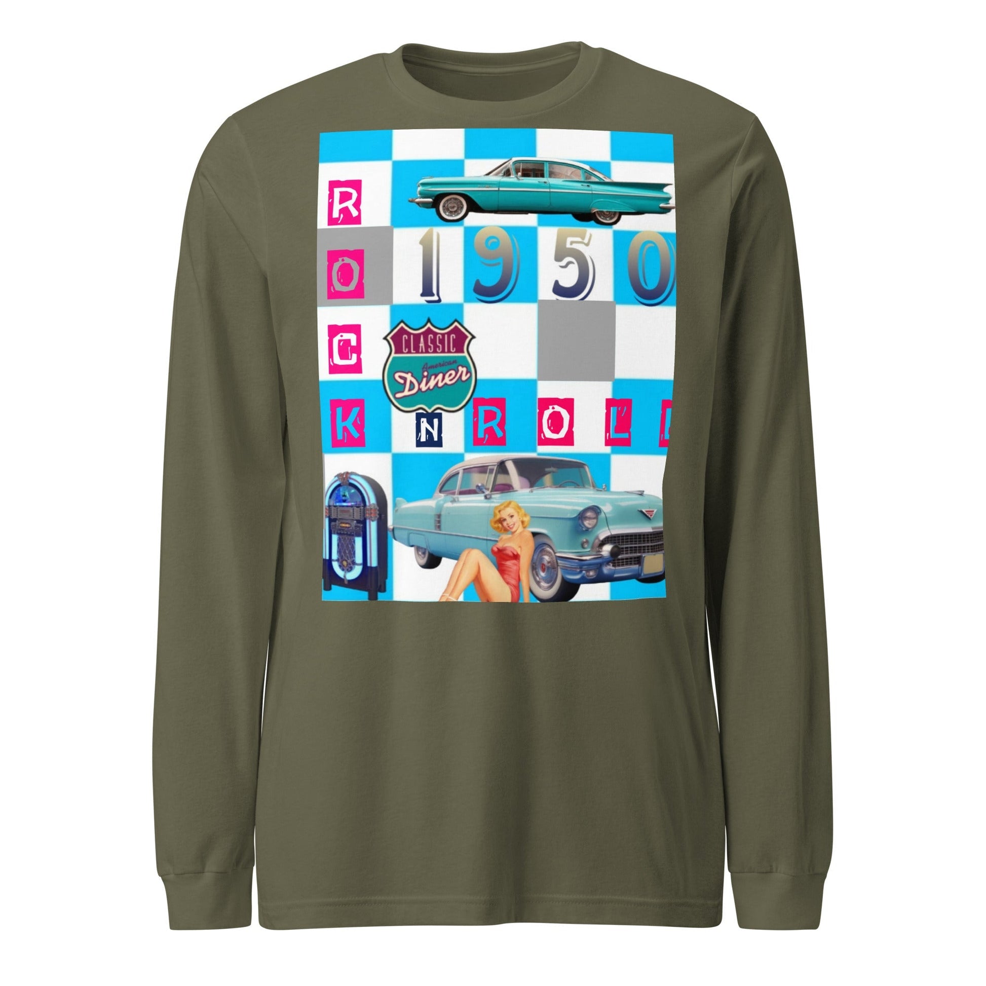 1950's blue check unisex long sleeve tee with vintage cars and diner motifs.