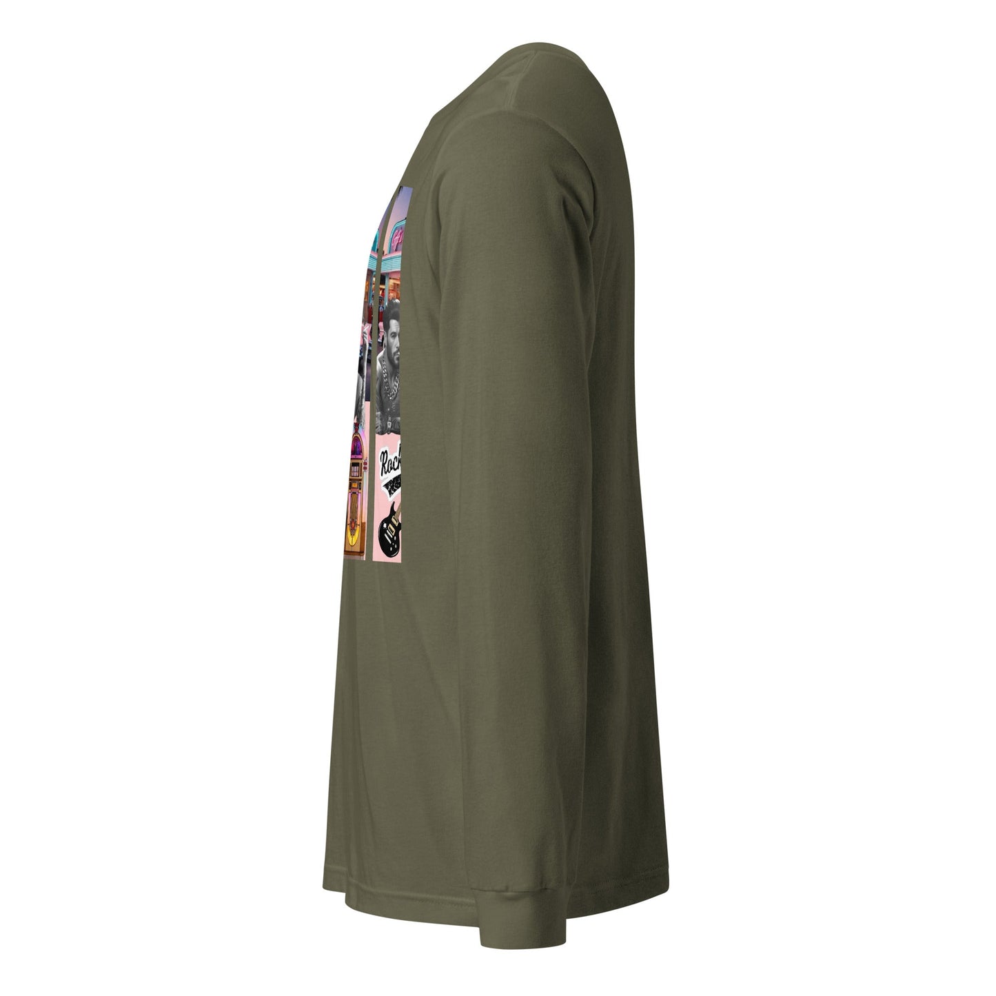 Retro Rock n Roll long sleeve tee by JW in olive green, side view.