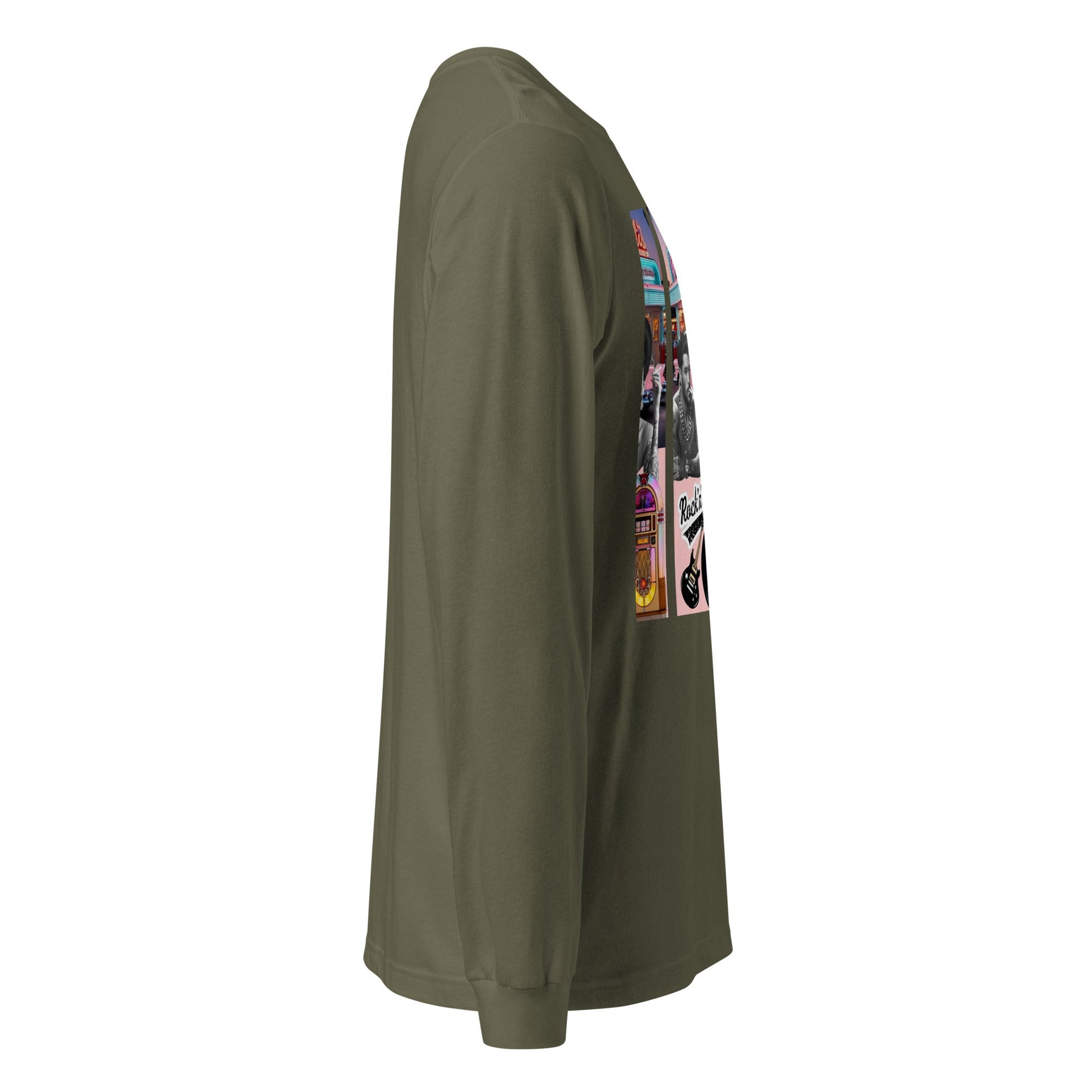 Retro Rock n Roll long sleeve tee in olive green with side view of vibrant graphic design.