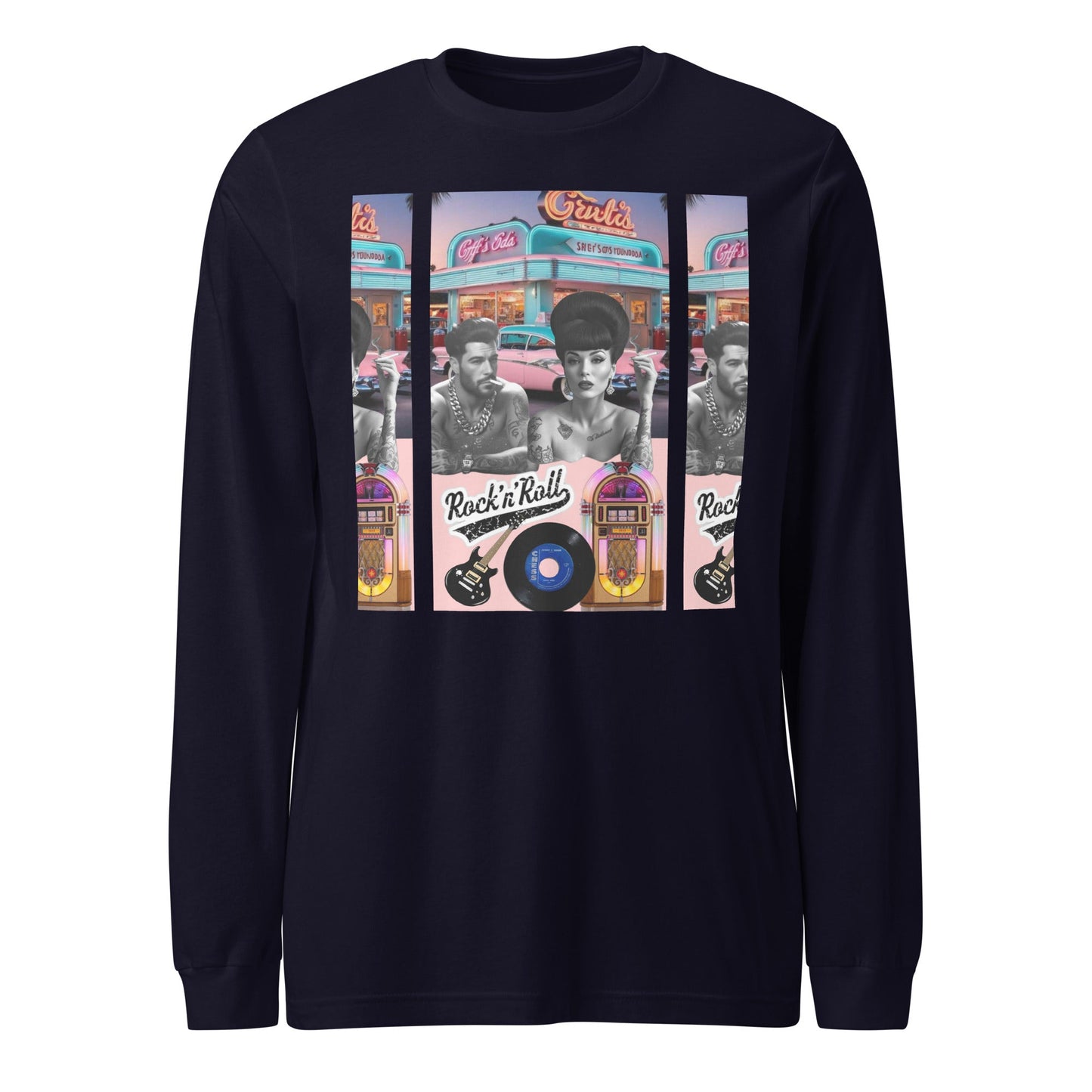 Retro Rock n Roll long sleeve tee with vintage graphics and musical theme.