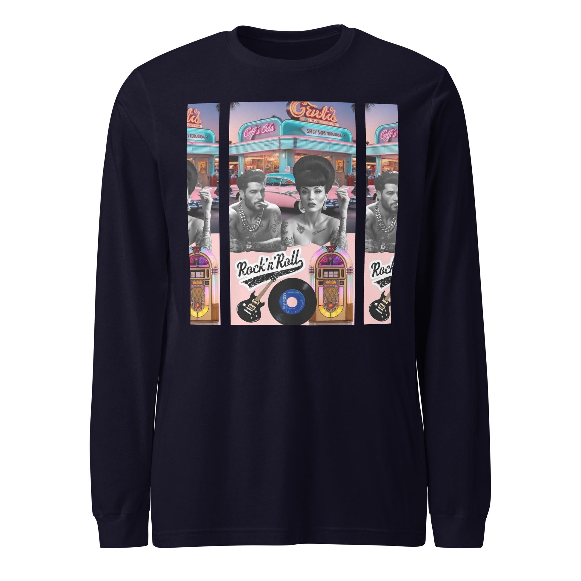 Retro Rock n Roll long sleeve tee with vintage graphics and musical theme.