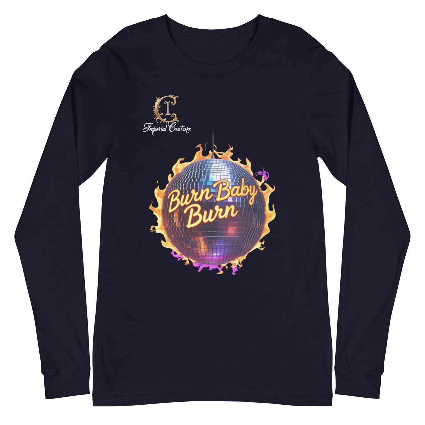 Imperial Couture Burn unisex long sleeve tee with fiery disco ball design.