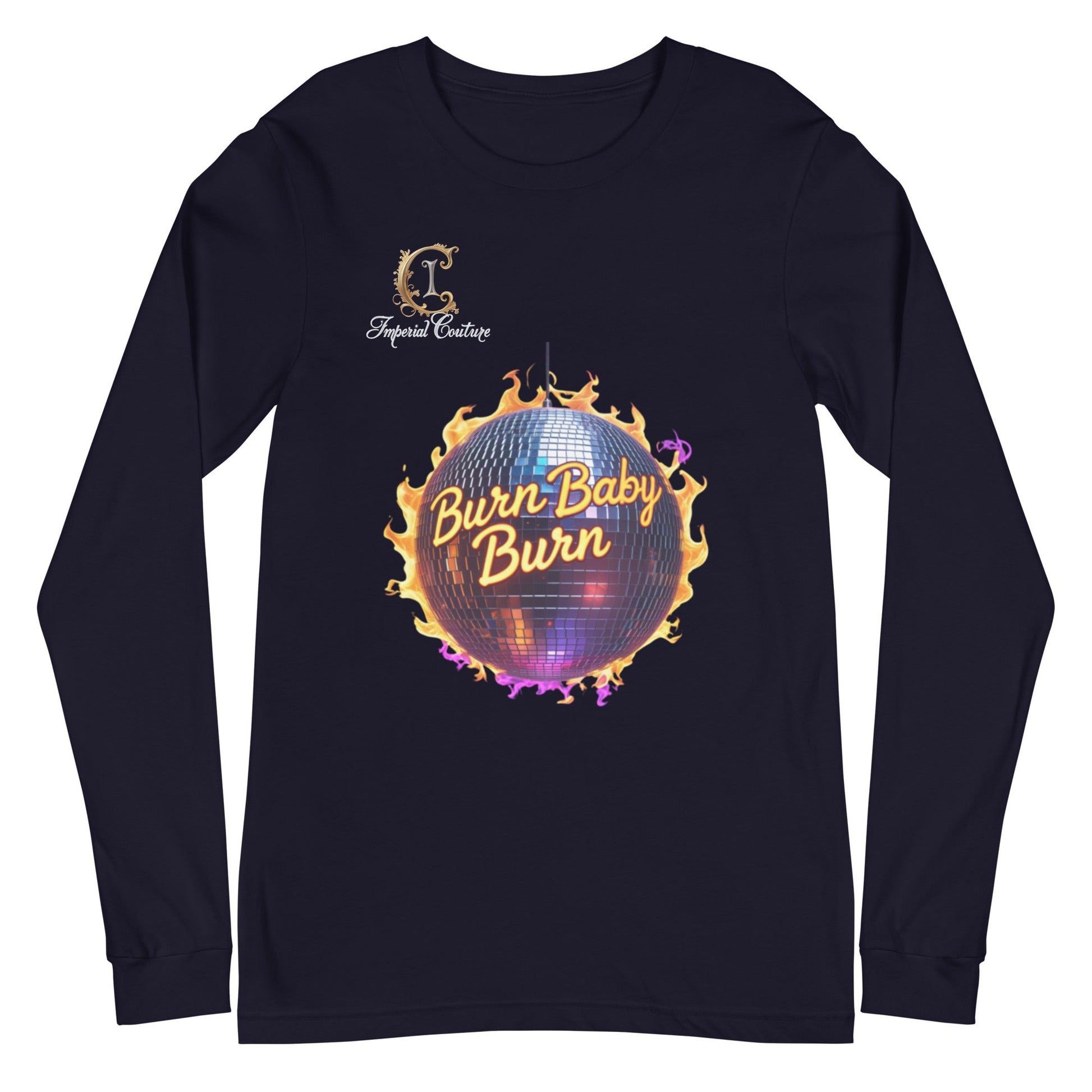 Imperial Couture Burn unisex long sleeve tee with fiery disco ball design.